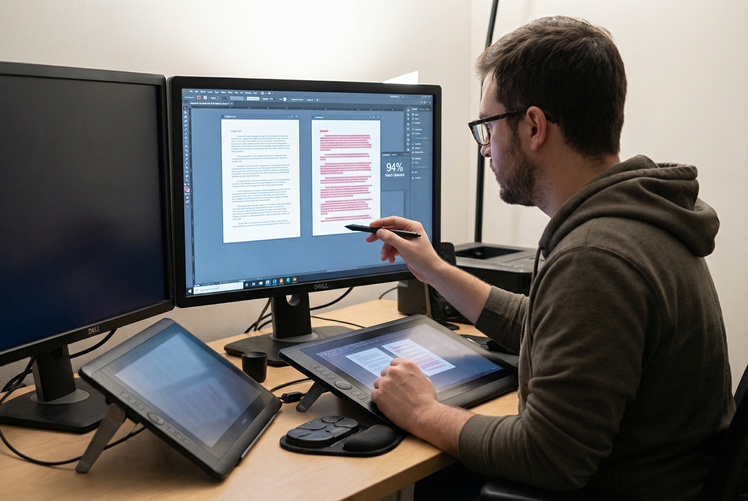 A digital artist or writer sitting at a high-tech desk, looking at a screen displaying a comparison between two documents with highlighted matching text, symbolizing the process of checking for plagiarism with advanced software tools.
