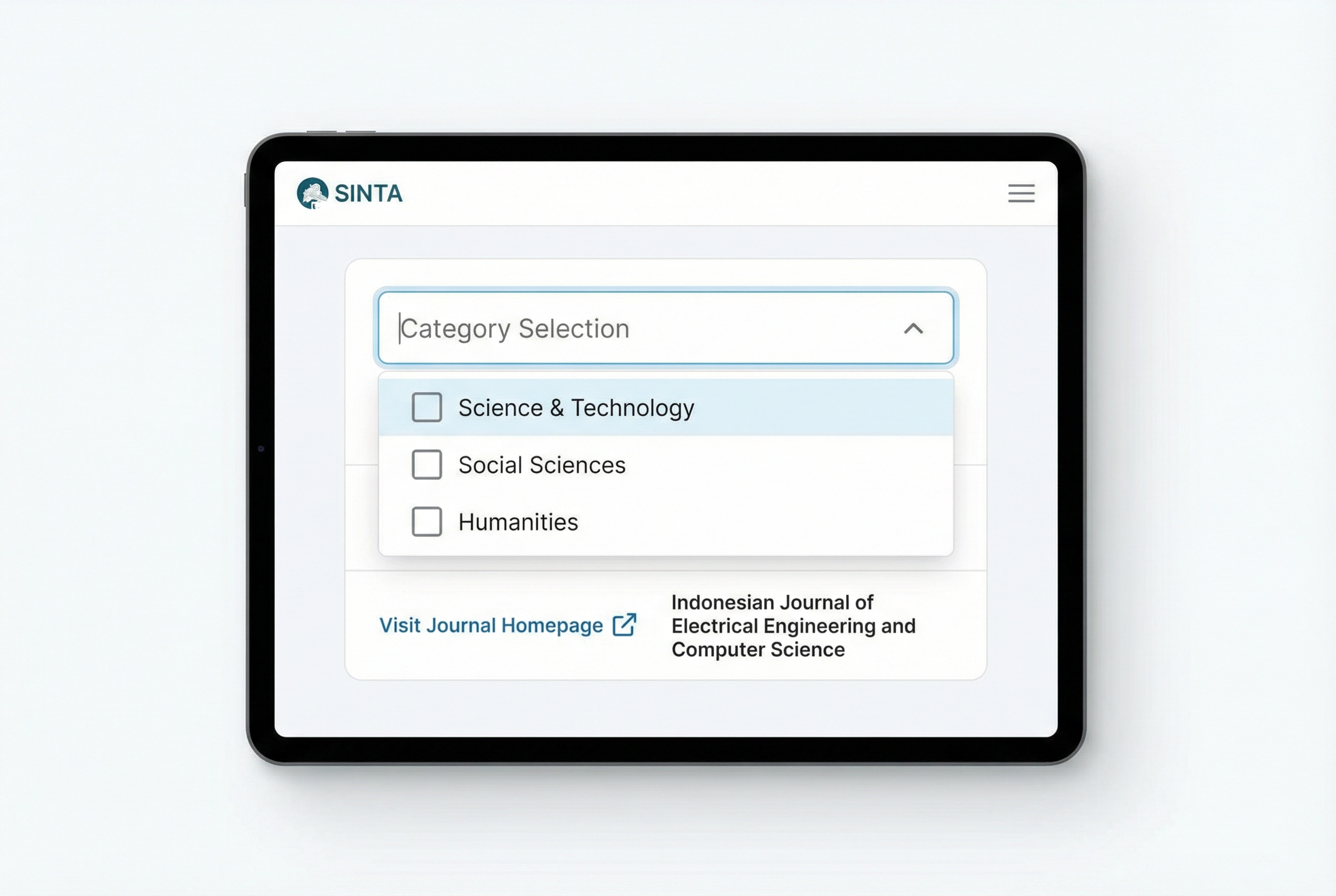 A digital interface mockup showing the SINTA website search filter, focusing on the category Selection and the link to an academic journal's homepage, clean and educational style.
