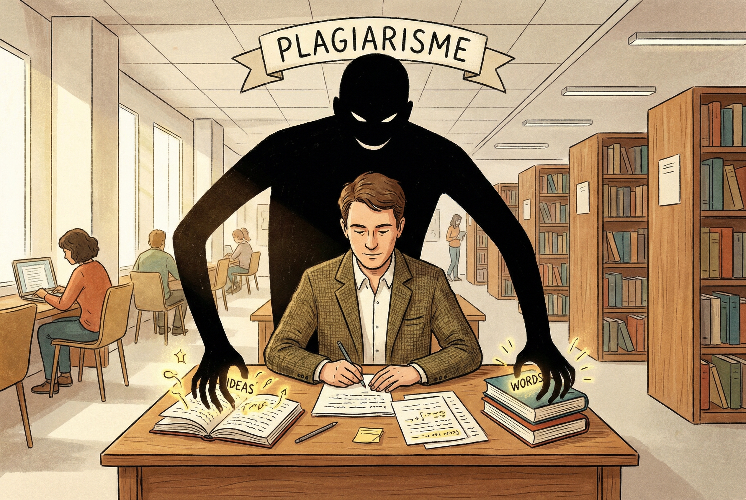 Sebuah ilustrasi edukatif yang menunjukkan seorang penulis sedang duduk di meja kerja dengan bayangan besar di belakangnya yang mencoba mencuri ide dari buku-bukunya, melambangkan konsep plagiarisme dalam suasana perpustakaan modern.