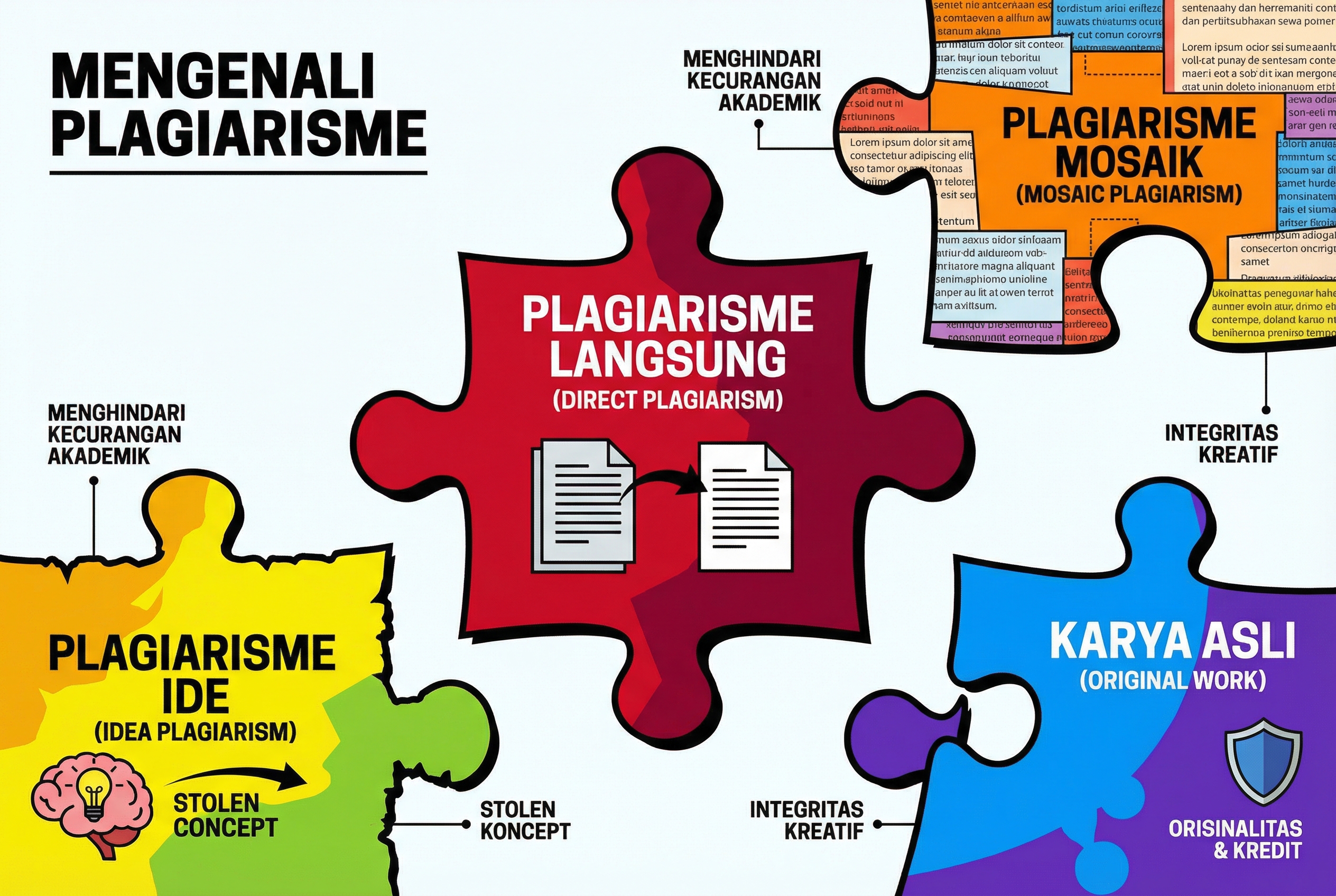 Diagram infografis yang menggambarkan berbagai jenis plagiarisme seperti mosaik, langsung, dan ide dalam bentuk potongan puzzle yang tidak pas, dengan skema warna yang kontras untuk tujuan edukasi.