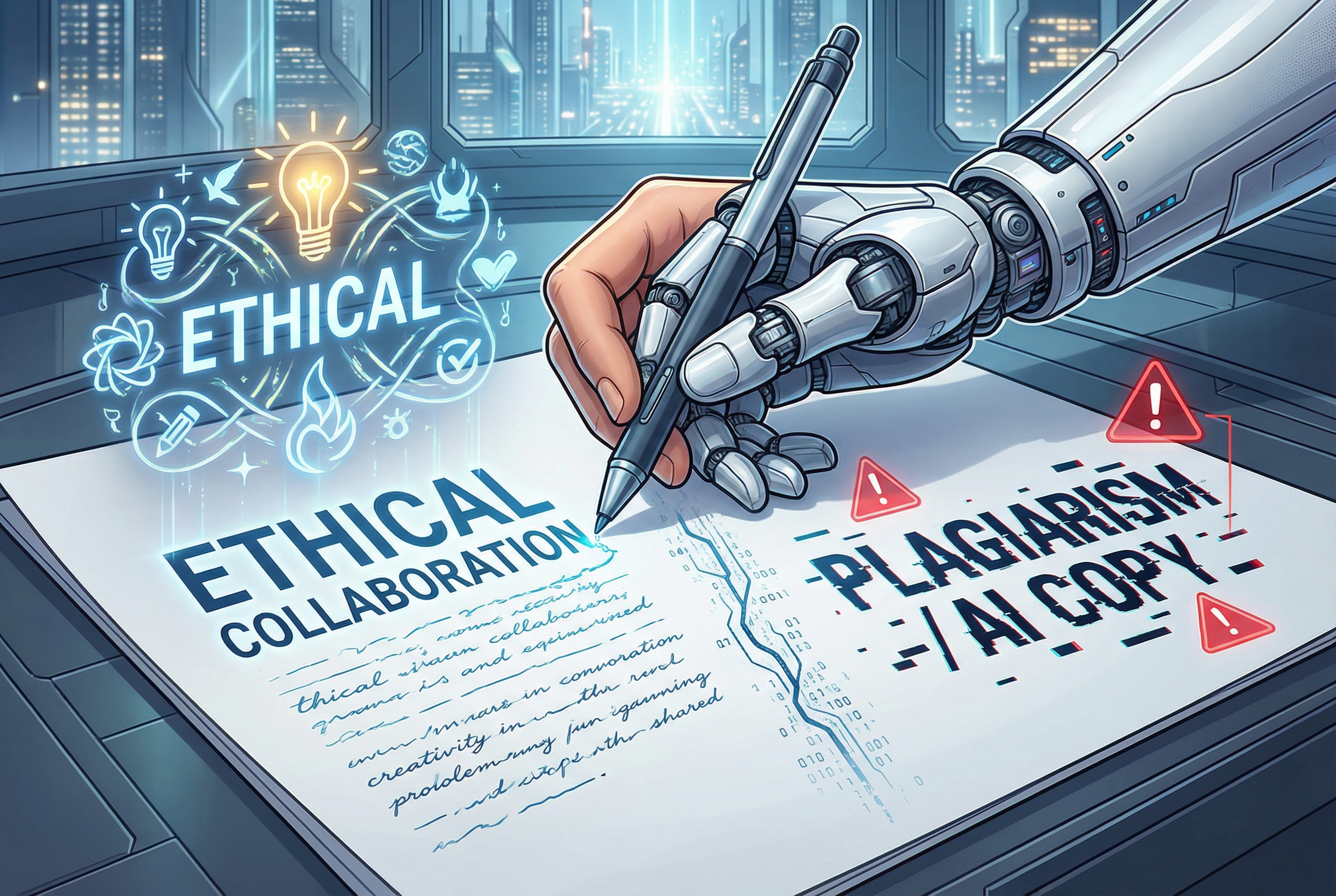 Ilustrasi futuristik yang menunjukkan tangan manusia dan tangan robot sedang memegang pena yang sama untuk menulis di atas kertas putih, melambangkan kolaborasi etis vs plagiarisme di era kecerdasan buatan.