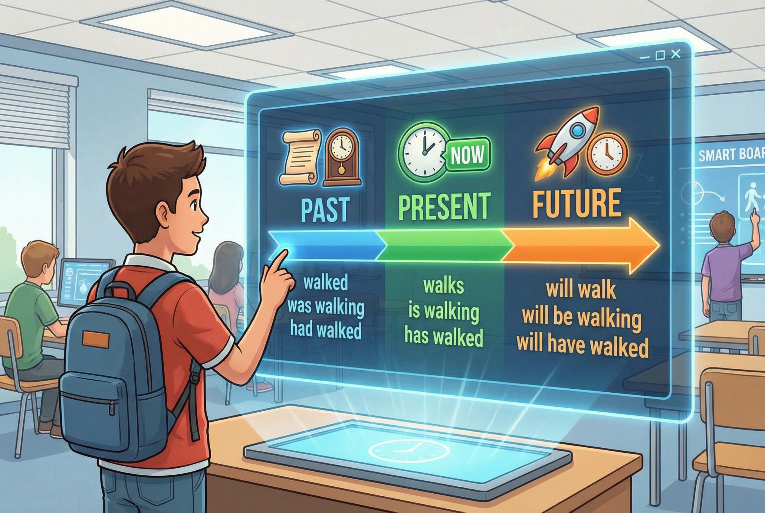 An educational illustration showing a timeline of English tenses with distinct icons for past, present, and future, featuring a student interacting with a holographic digital screen showing verb conjugations in a modern classroom setting.