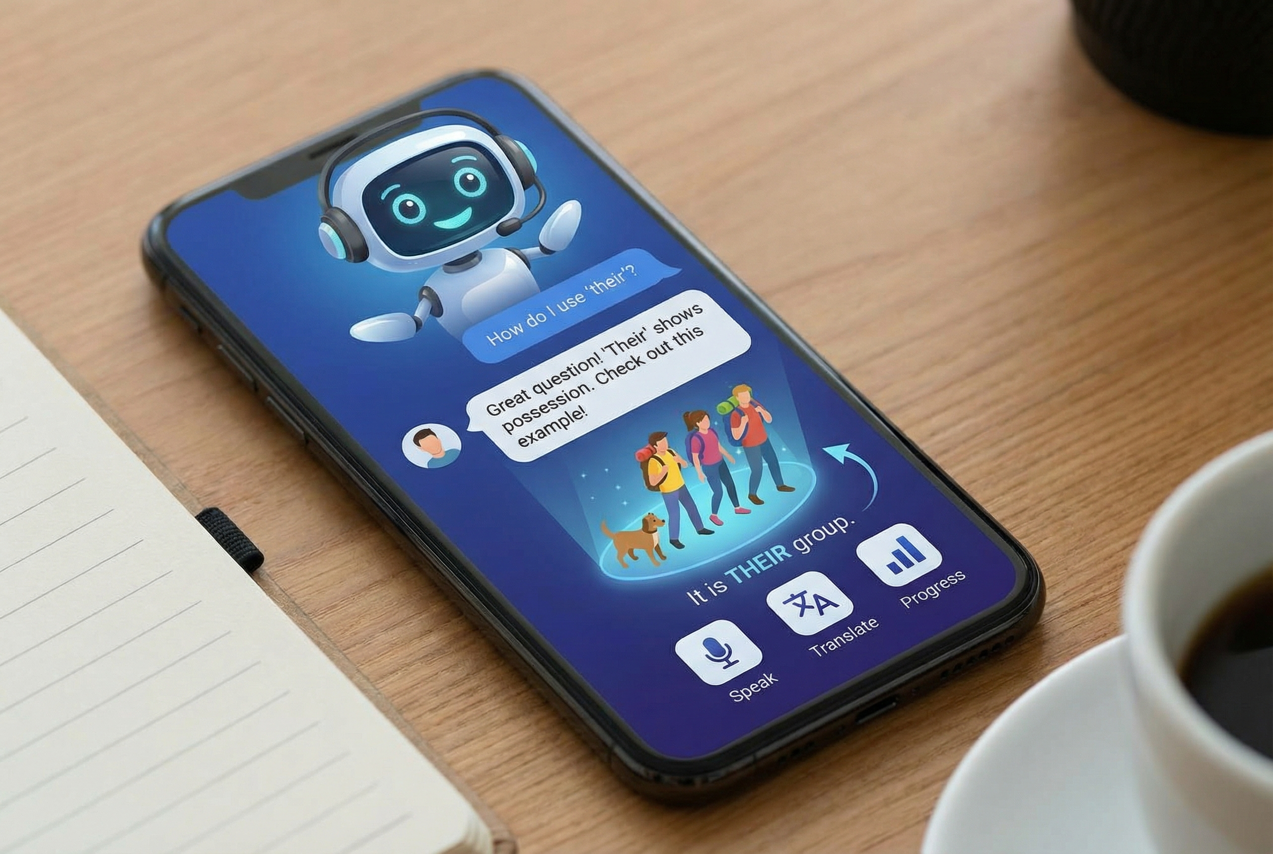 A visual representation of an AI-powered language learning assistant, showing a smartphone app with a friendly robot avatar explaining grammar rules through interactive chat bubbles and 3D visual aids.