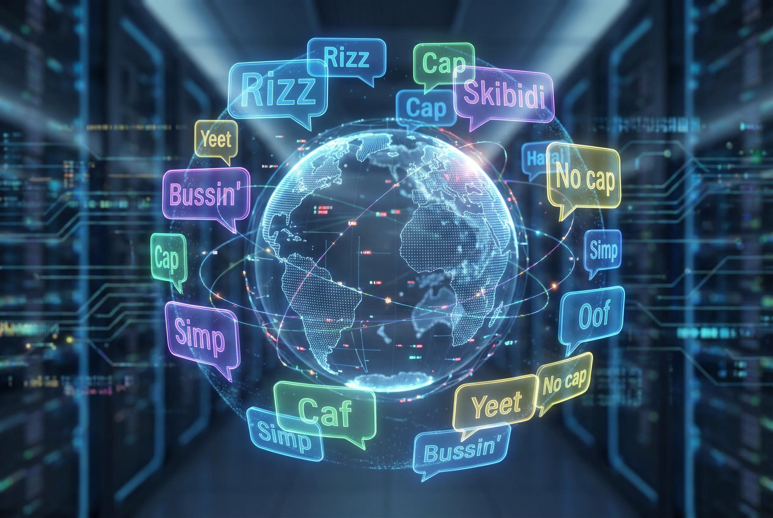 A visual representation of dynamic language evolution, showing colorful bubbles of words like 'Rizz', 'Cap', and 'Skibidi' floating around a digital globe, symbolizing global internet slang connectivity.
