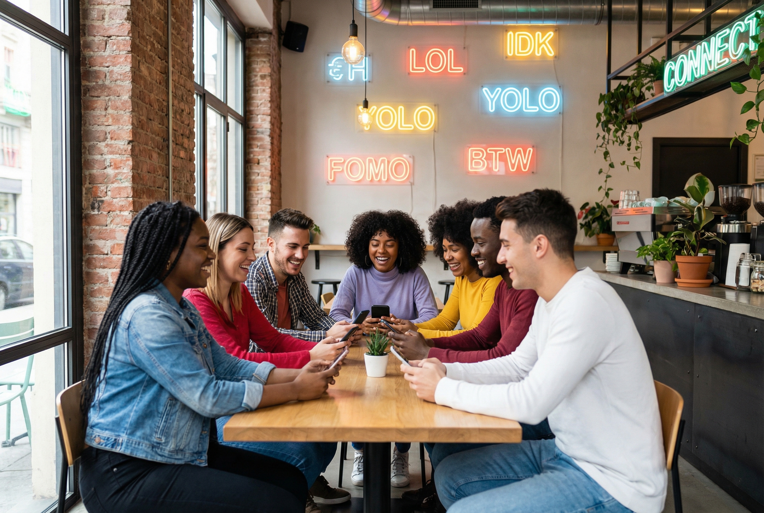 A diverse group of young adults in a modern cafe, talking and laughing while holding smartphones. Neon signs in the background show modern slang acronyms, illustrating social connection through informal language.