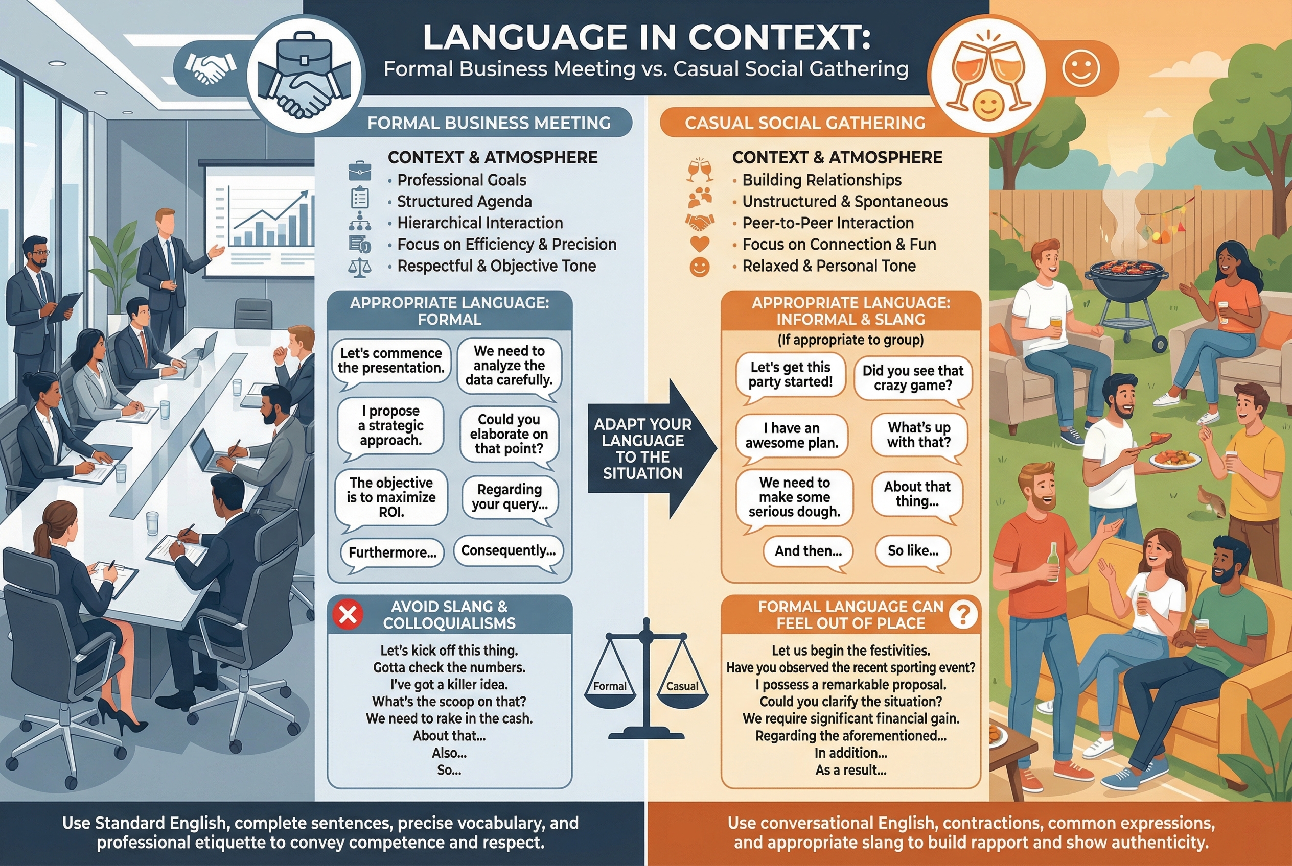 An infographic comparing a formal business meeting with a casual social gathering, highlighting the appropriate context for using formal language versus slang words.