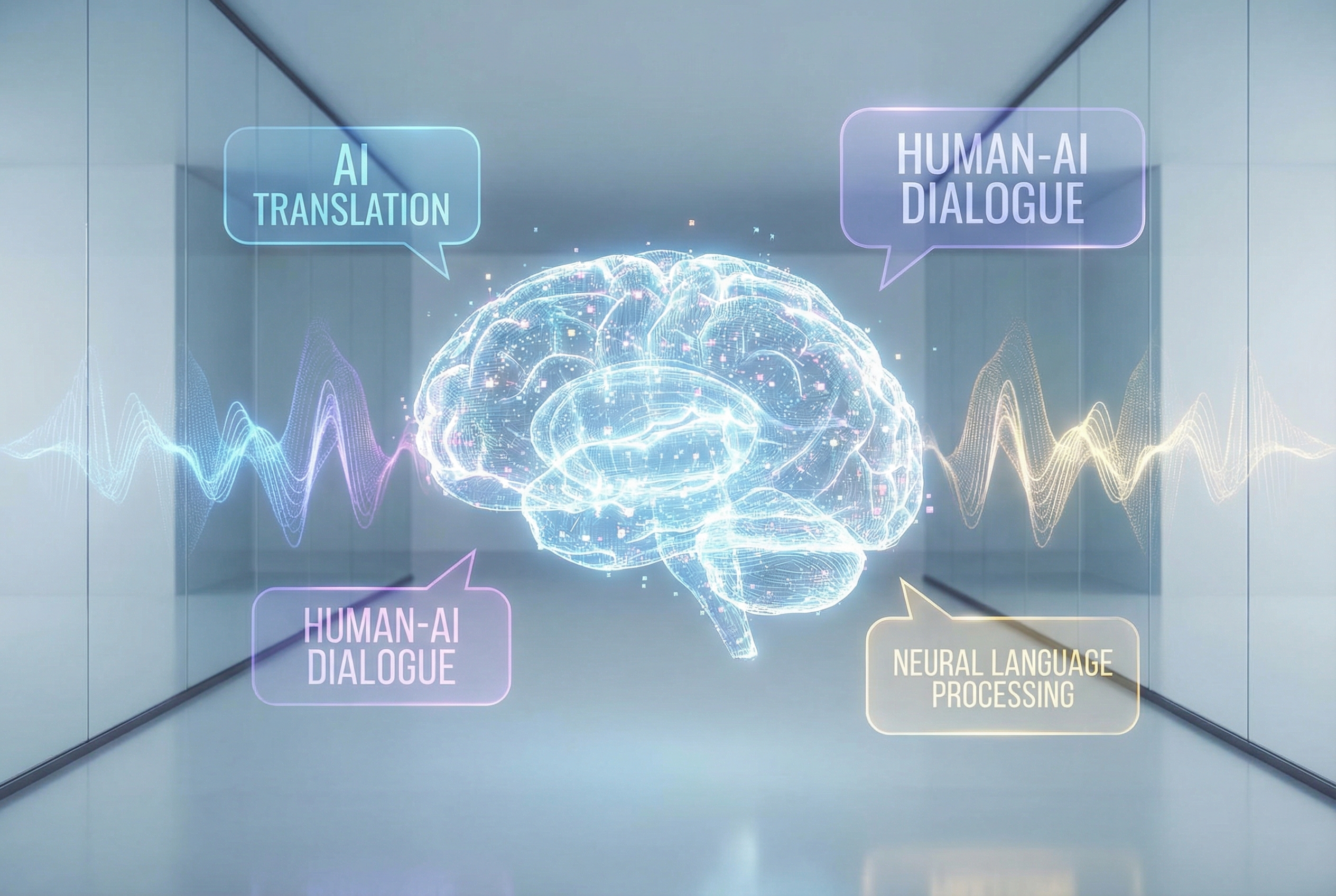 A futuristic digital brain surrounded by glowing speech bubbles and sound waves, symbolizing the integration of human language and artificial intelligence in a clean, professional aesthetic.