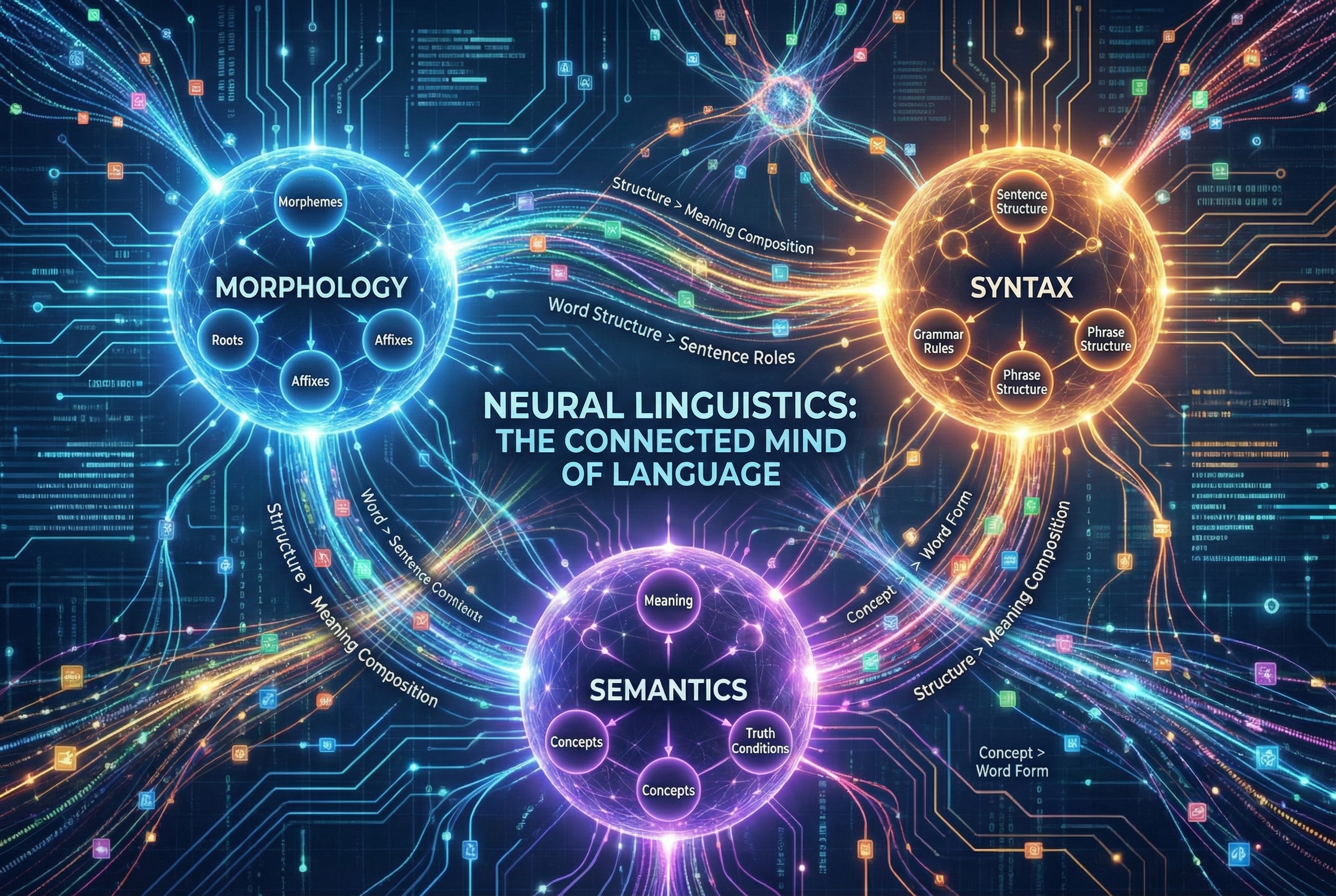 An educational infographic visualization showing the connection between morphology, syntax, and semantics using colorful interconnected neural nodes in a high-tech style.