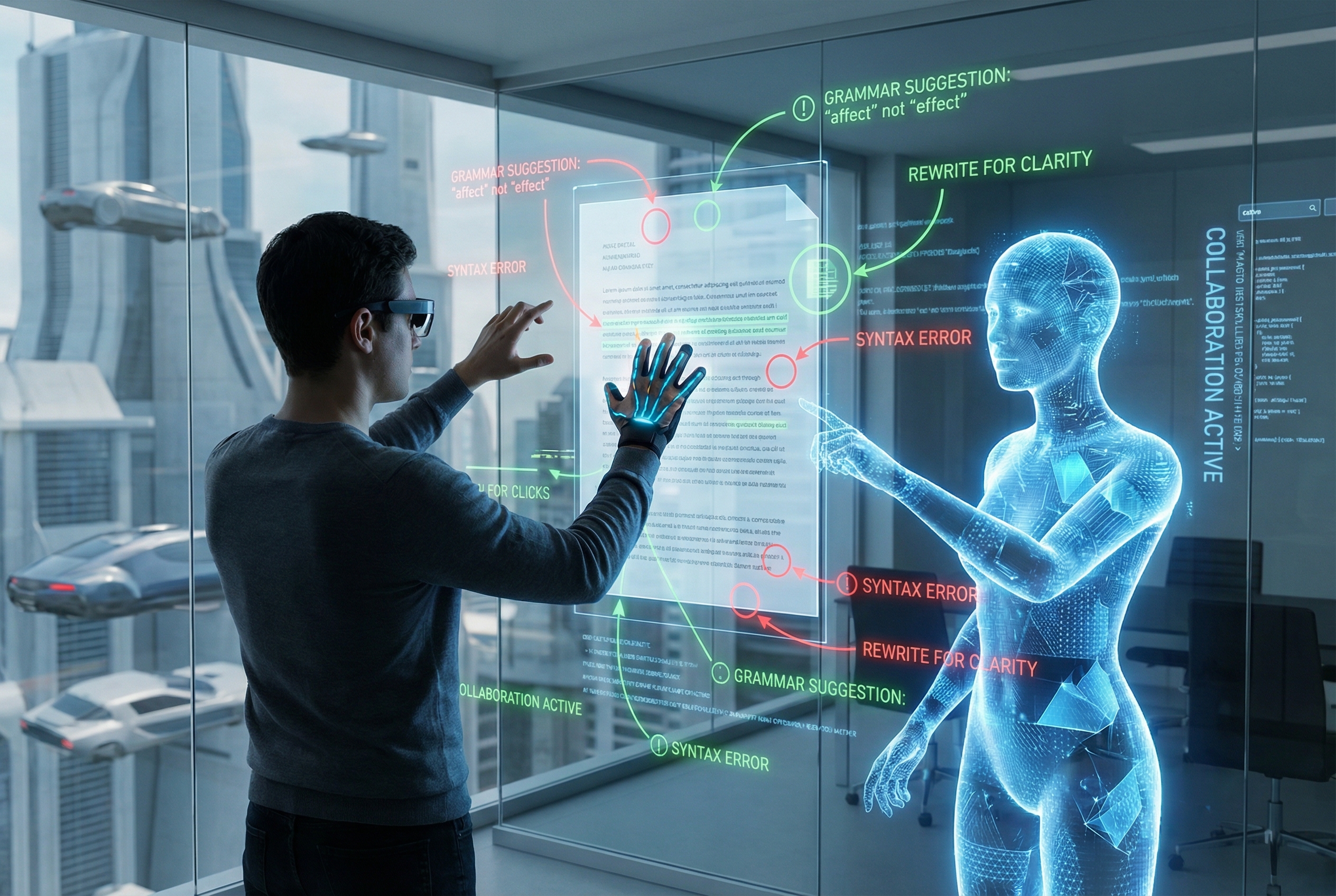 A futuristic scene showing a person and an AI avatar collaborating to edit a holographic document, with glowing corrections and grammar suggestions floating in the air.