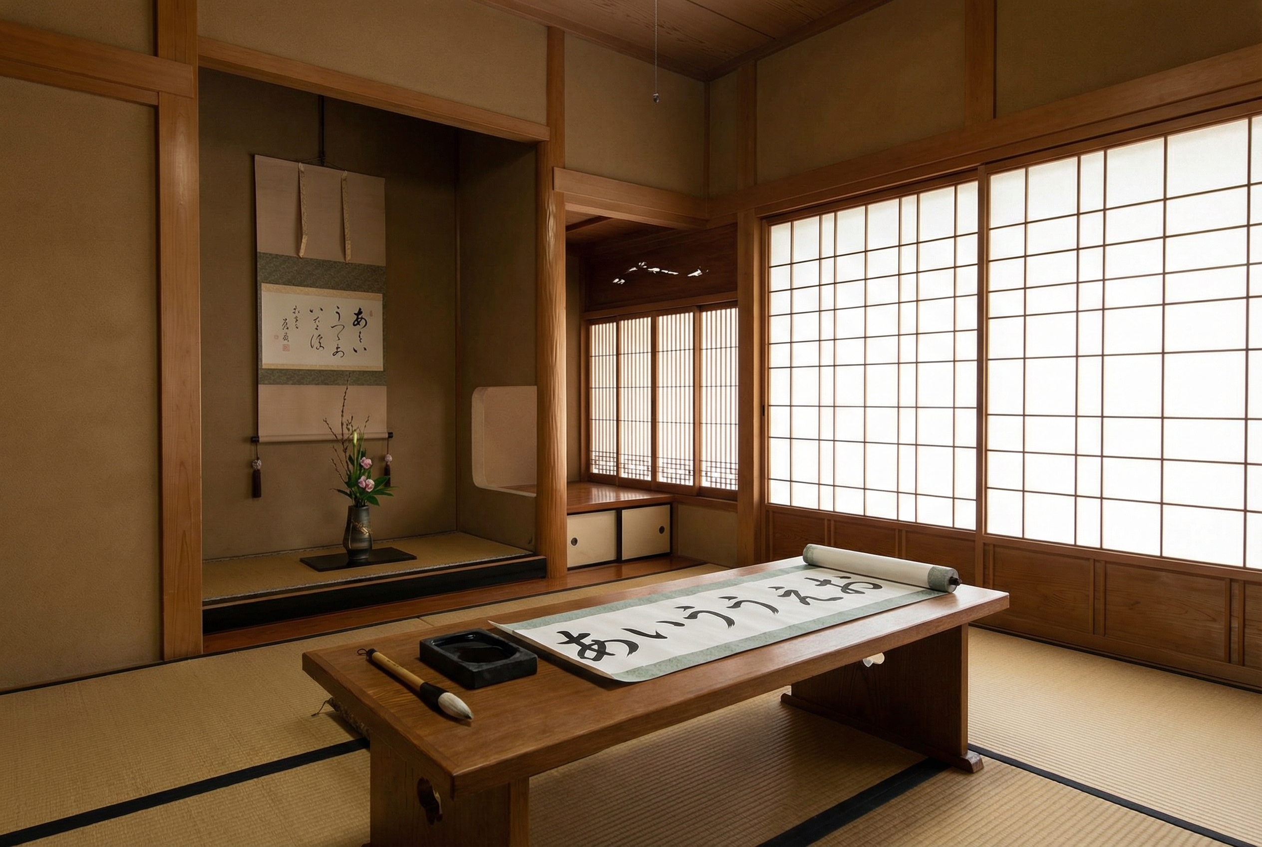 A traditional Japanese study room with a low wooden desk, containing a calligraphy brush, ink stone, and a scroll showing several elegant Hiragana characters like 'A', 'I', 'U', 'E', 'O' in a soft brush-stroke style.