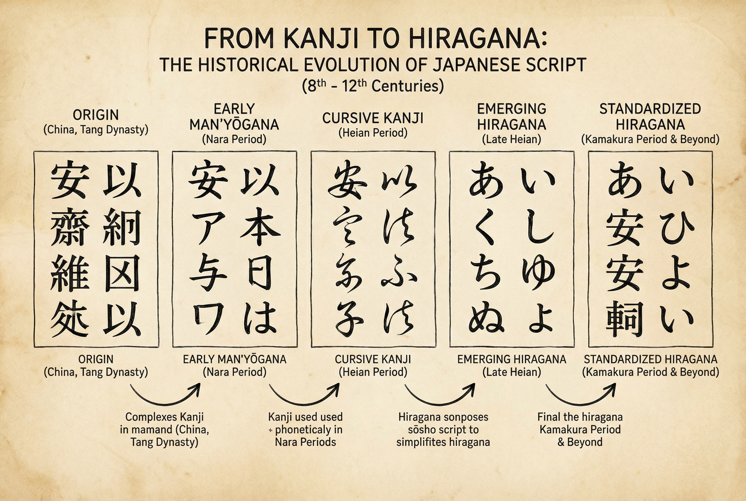 A visual educational chart illustrating the transition from complex Chinese Kanji characters to simplified, curvy Hiragana characters, showing the historical evolution over centuries.