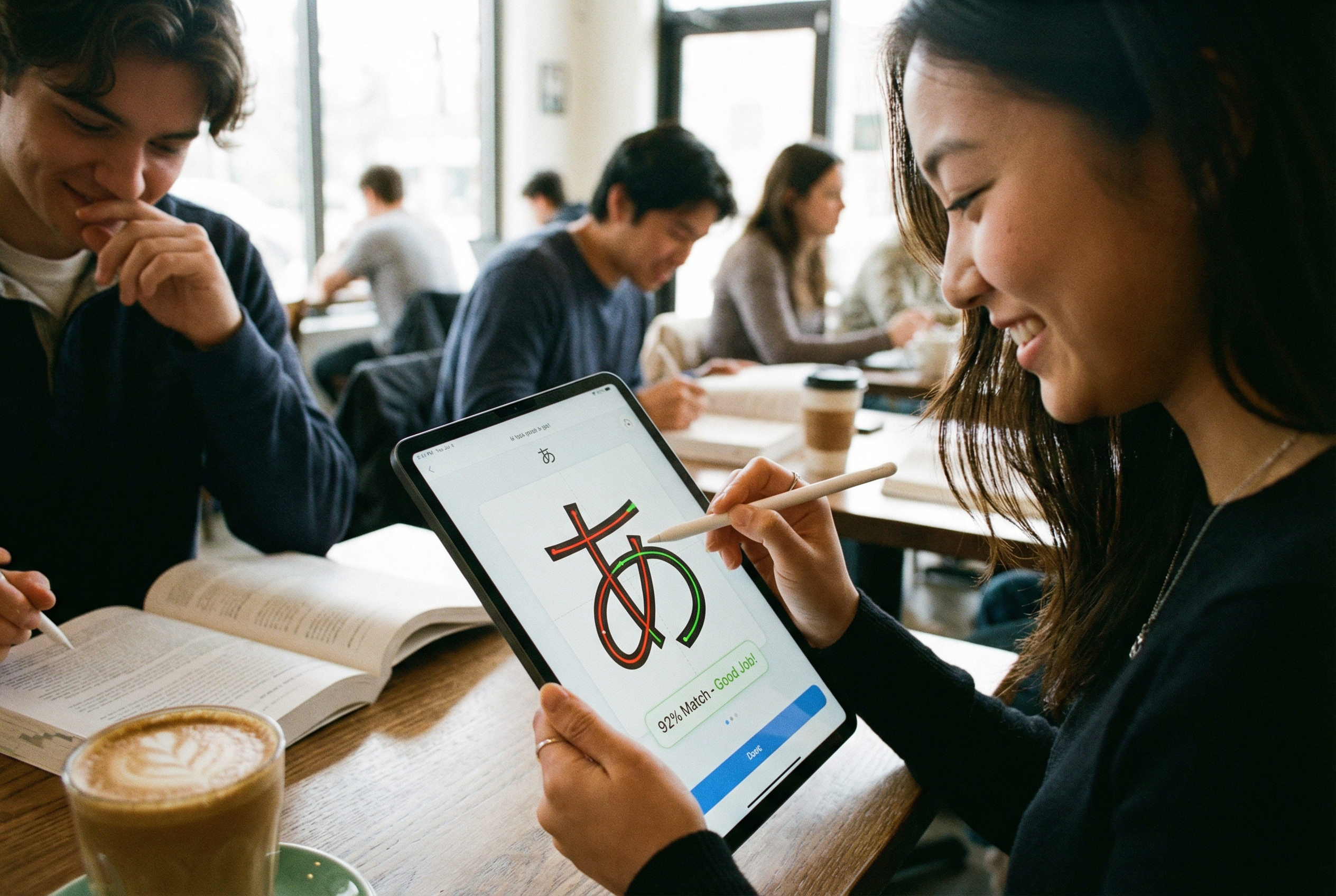 A modern student using a tablet with an AI-powered language learning app that provides instant feedback on their Hiragana handwriting, blending technology with education.