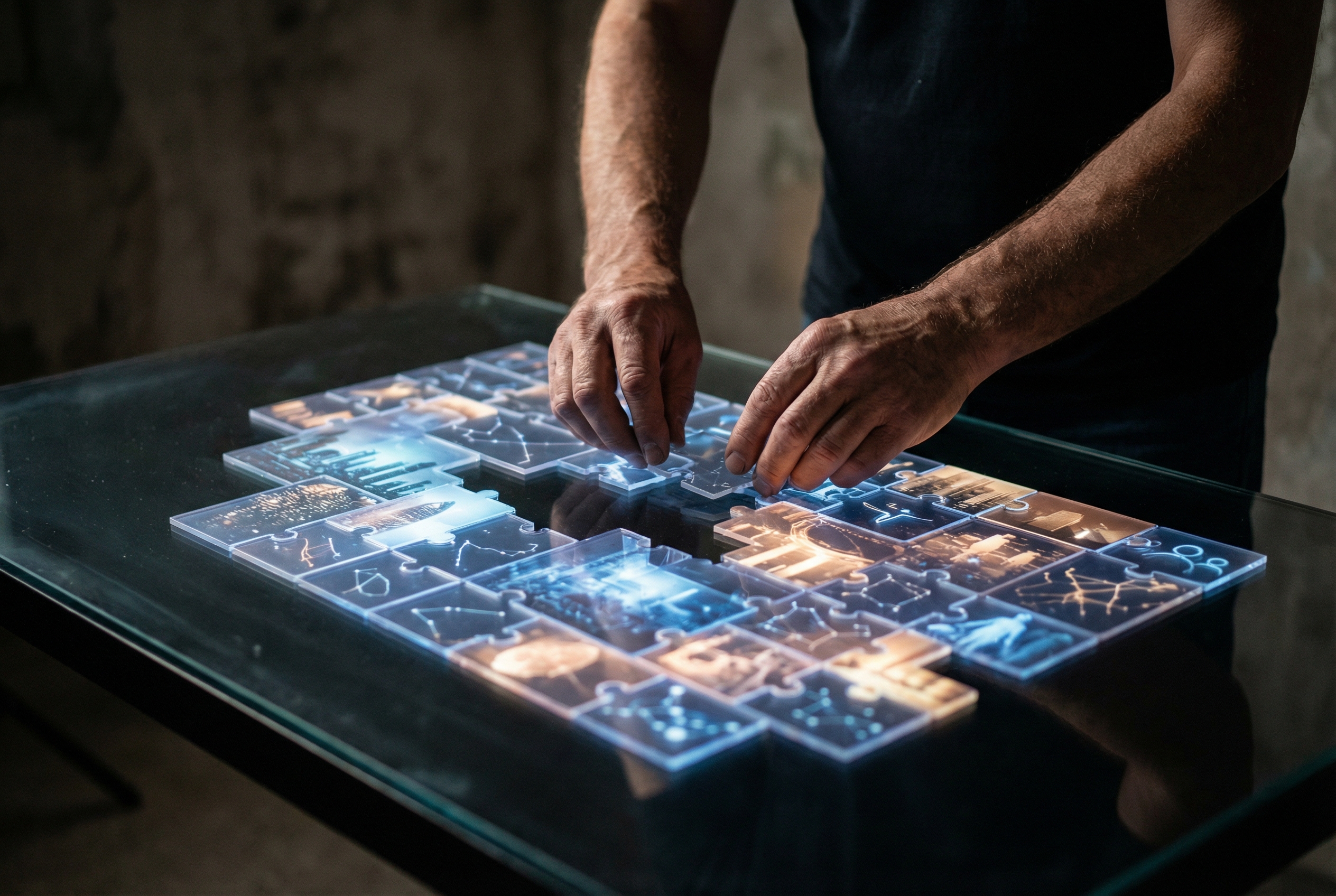 A realistic high-quality cinematic shot of a person's hands assembling a complex glowing digital mosaic on a dark glass table, representing small pieces coming together to form a grand vision, soft blue and amber lighting.