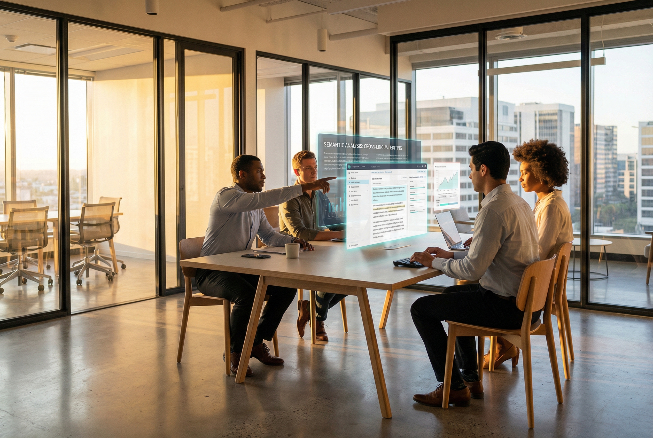 A realistic modern minimalist office space showing a diverse team of professionals collaborating with holographic data screens, focusing on detailed content editing and linguistic analysis, warm natural light coming through large windows.
