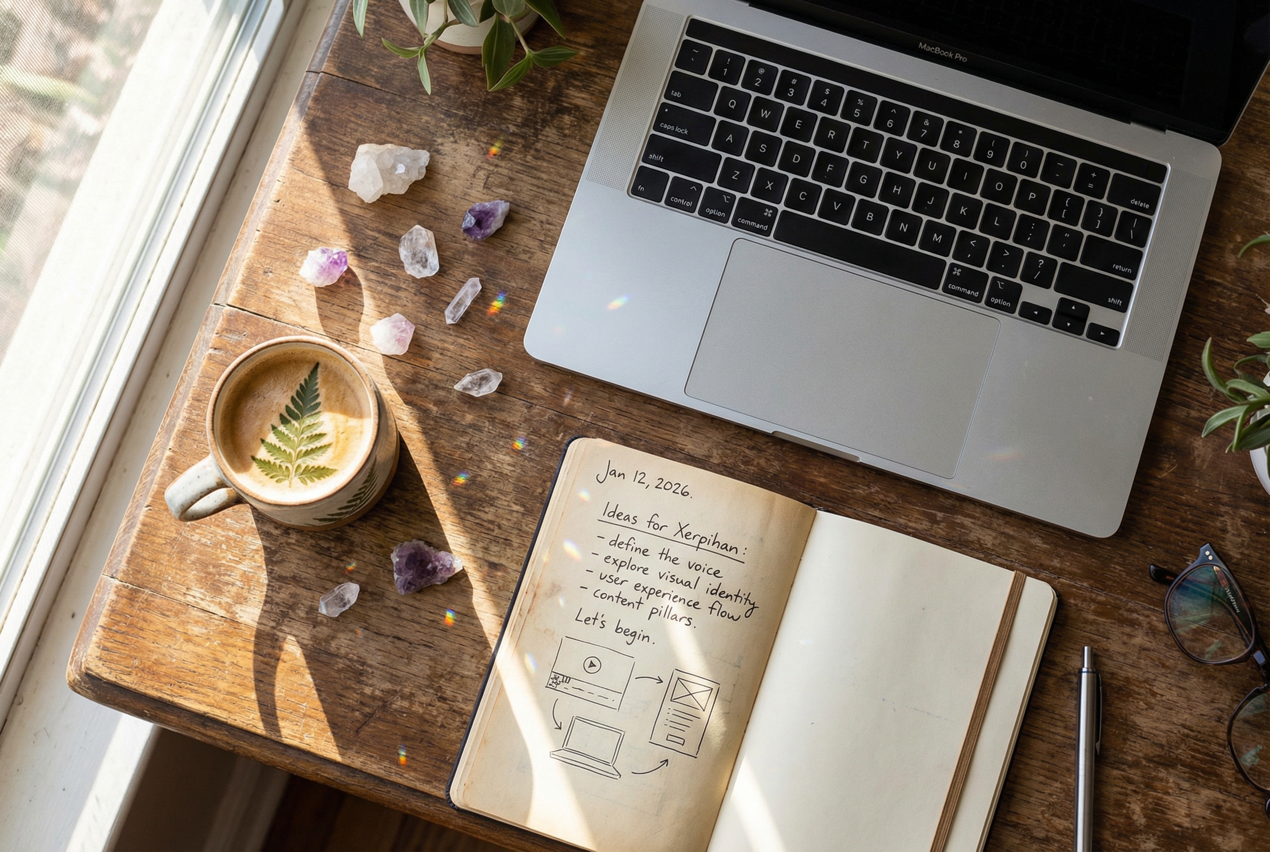 A realistic top-down shot of a wooden desk featuring a laptop, a notebook with handwritten ideas, a cup of coffee, and small crystalline fragments reflecting sunlight, symbolizing the beginning of a creative journey with Xerpihan.