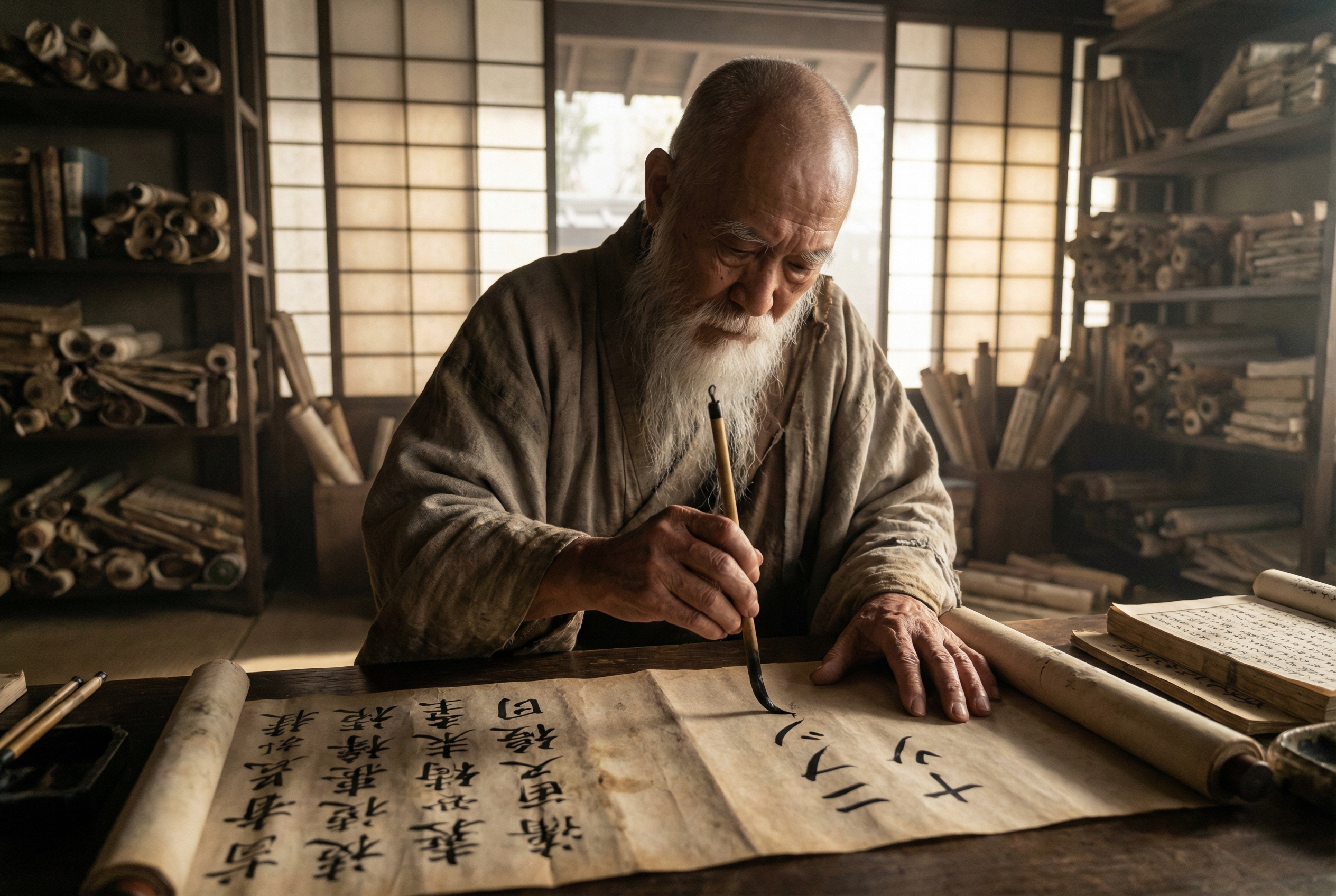 An ancient Japanese Buddhist monk in a temple library during the Heian period, carefully simplifying complex Kanji characters into sharp Katakana strokes on a parchment, cinematic lighting, historical atmosphere, 4k.