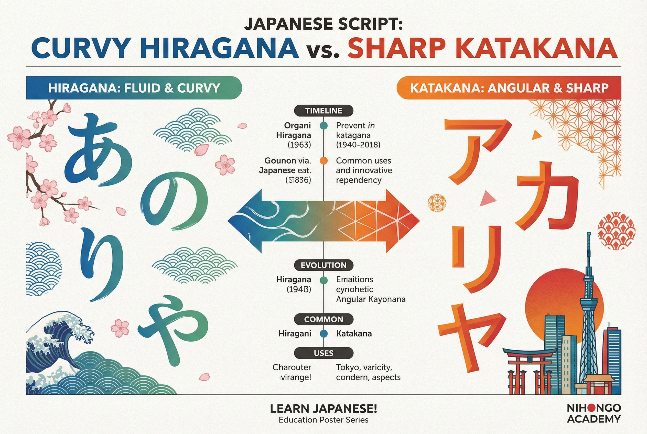 A clean and modern infographic poster showing the comparison between curvy Hiragana and sharp Katakana characters, with colorful Japanese design elements, professional education layout.