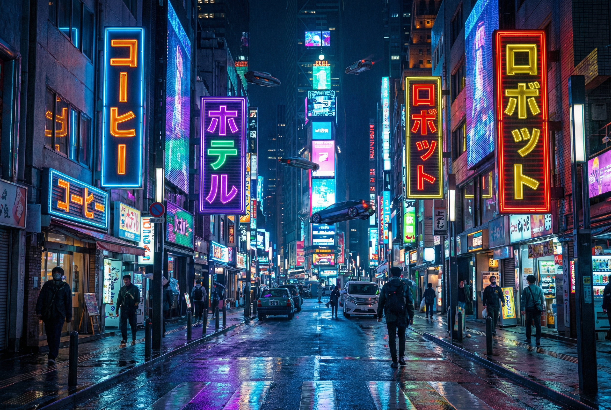 A futuristic neon-lit street in Shinjuku Tokyo at night, with glowing Katakana signs for 'Coffee', 'Hotel', and 'Robot', vibrant colors, high-tech urban atmosphere, 8k resolution.