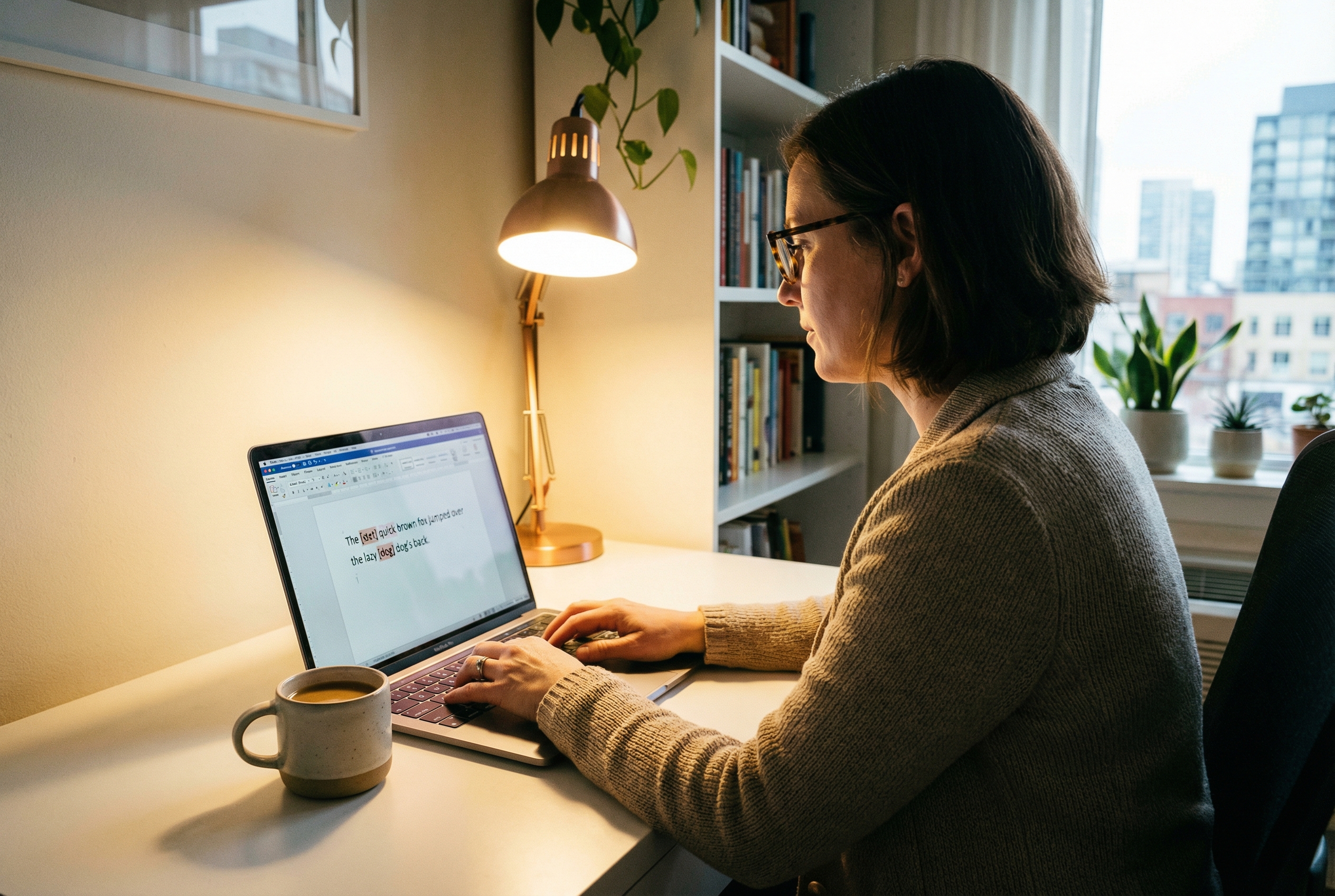 A professional editor sitting at a clean, modern desk with a laptop and a cup of coffee, focus on a screen showing highlighted text corrections, warm ambient lighting, realistic office setting.