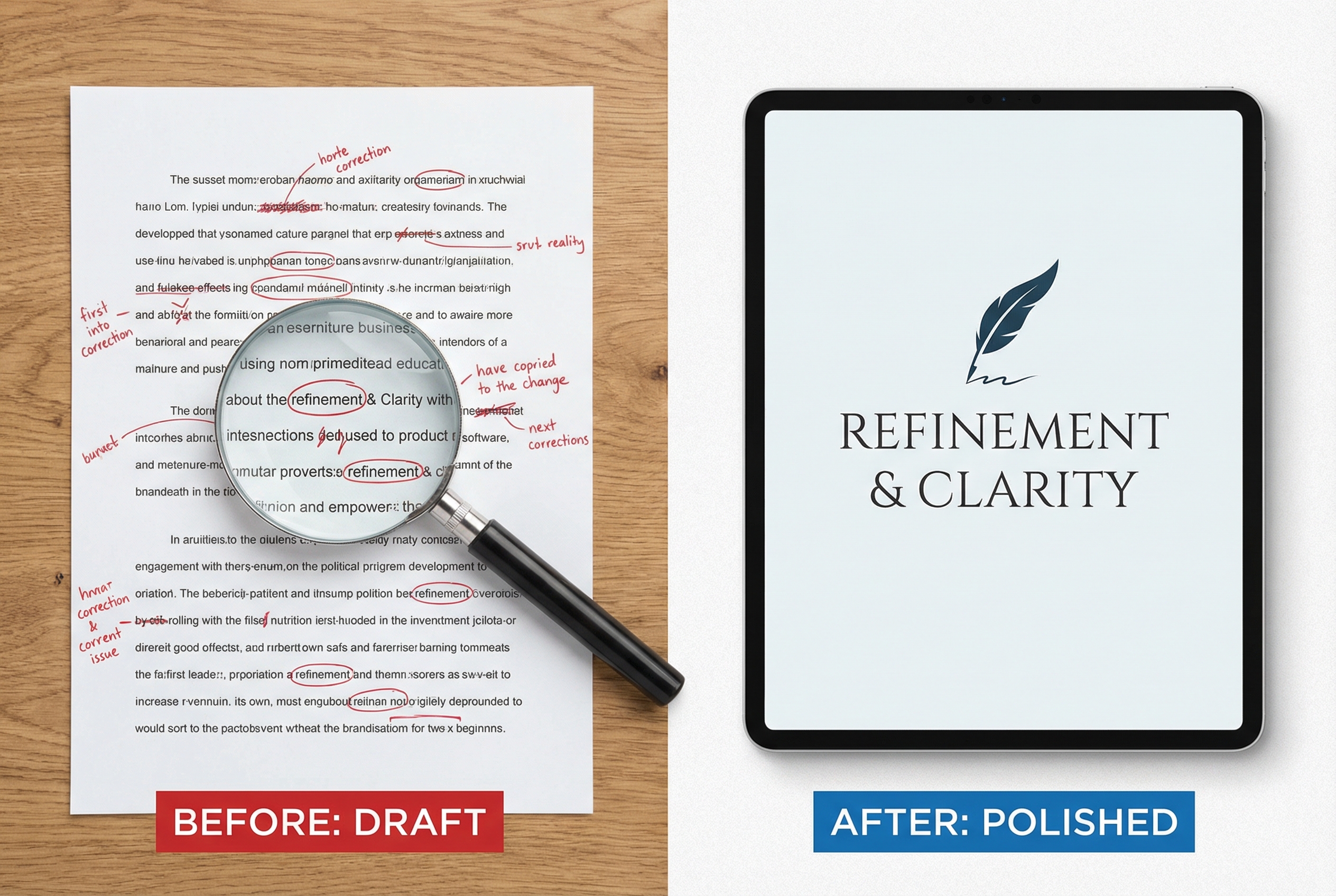 A split screen showing a document before and after proofreading, with red marks on the left and clean, polished text on the right, symbolic of refinement and clarity, high resolution, professional aesthetic.