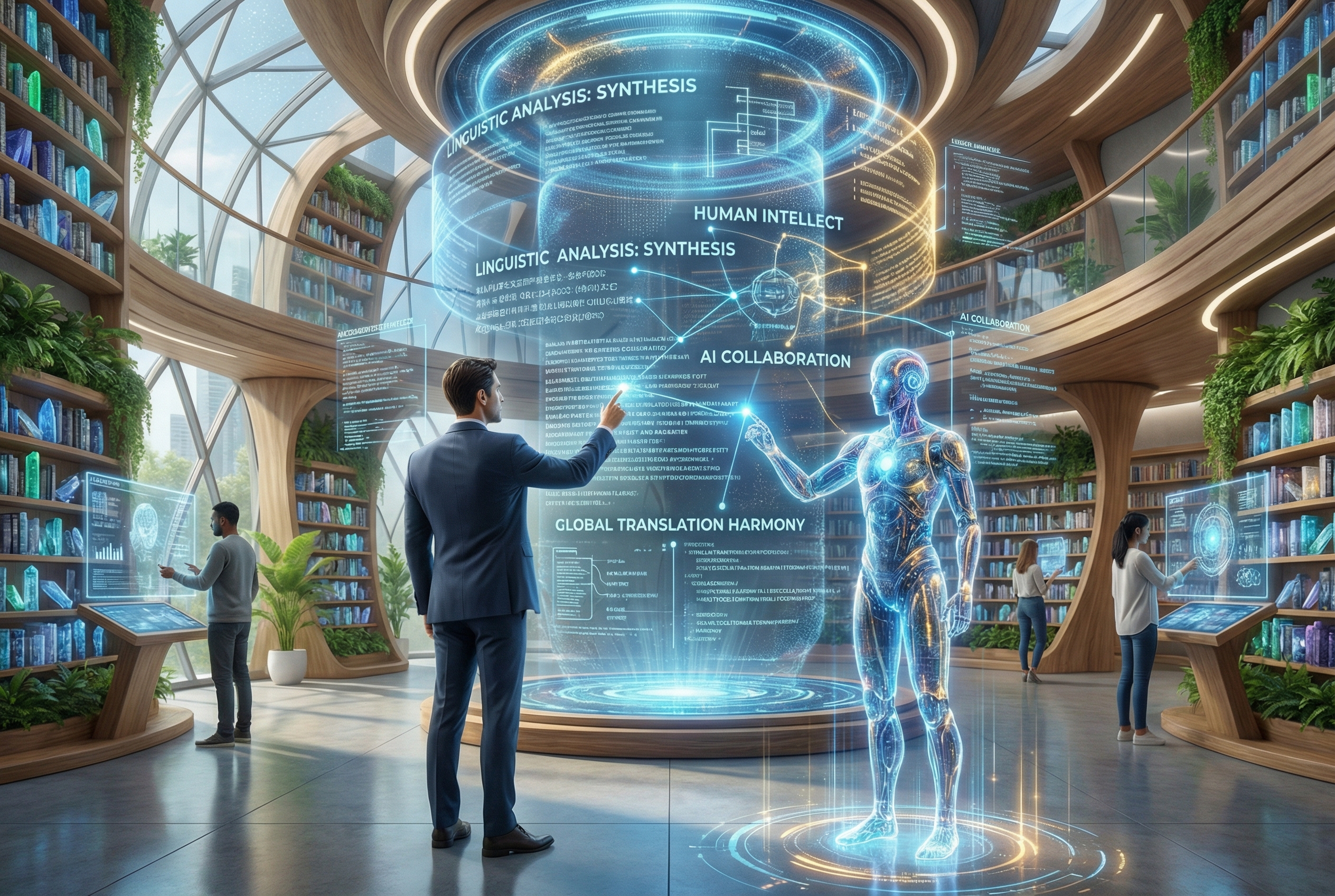 A futuristic library setting where holographic displays show digital text being analyzed by both a human and a glowing AI interface, representing the harmony of technology and human intellect in language services.