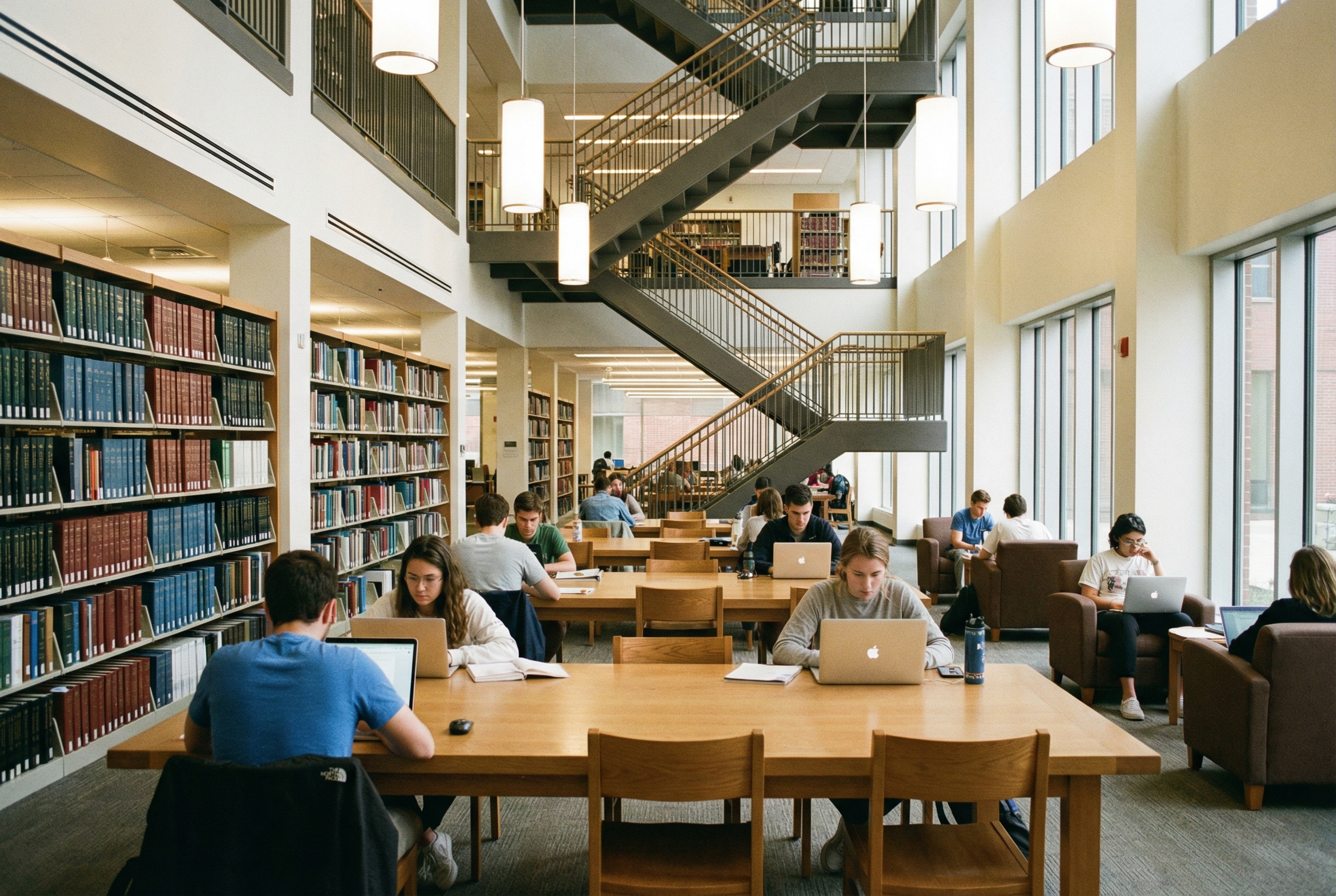 A realistic photo of a modern university library with students working on laptops, shelves filled with academic journals and books, and soft warm lighting creating a professional research atmosphere.