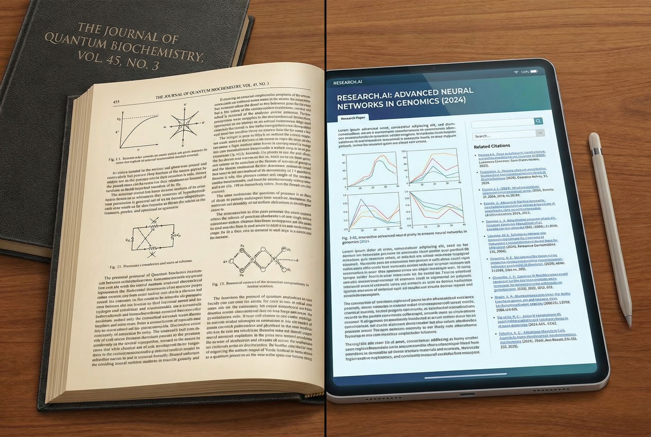 A split-screen illustration showing a formal printed scientific journal on one side and a digital tablet displaying a research paper interface with graphs and citations on the other side, photorealistic style.