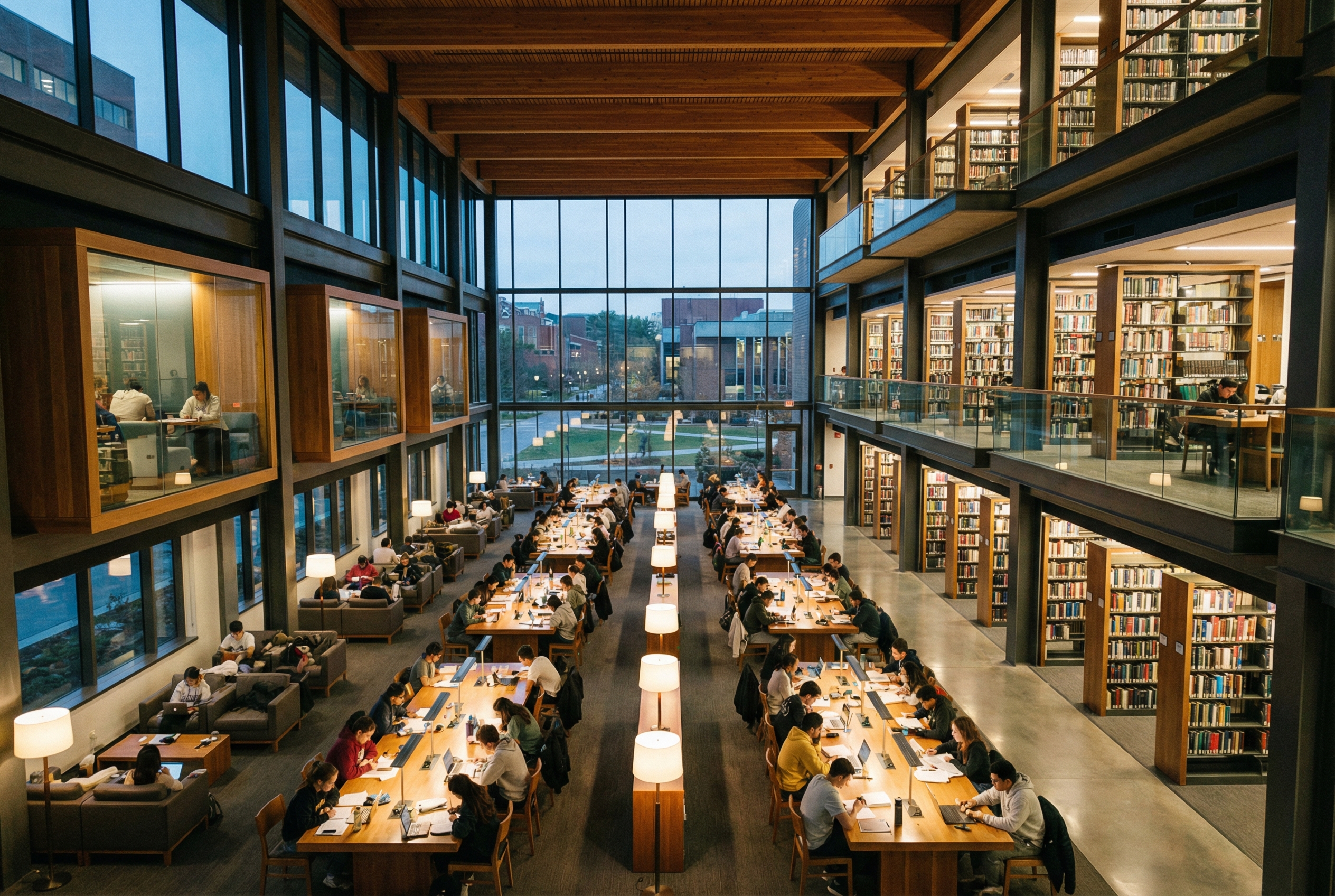 A realistic wide-shot of a modern university library with students studying, large bookshelves, and warm ambient lighting, 8k resolution, cinematic style.