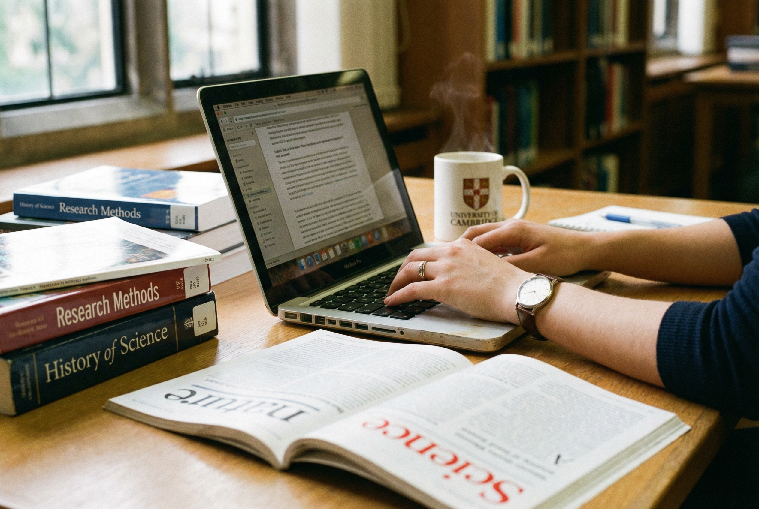 A realistic close-up of a student's hands typing on a laptop with multiple open academic journals and books, a cup of coffee nearby, soft focus background, professional atmosphere.