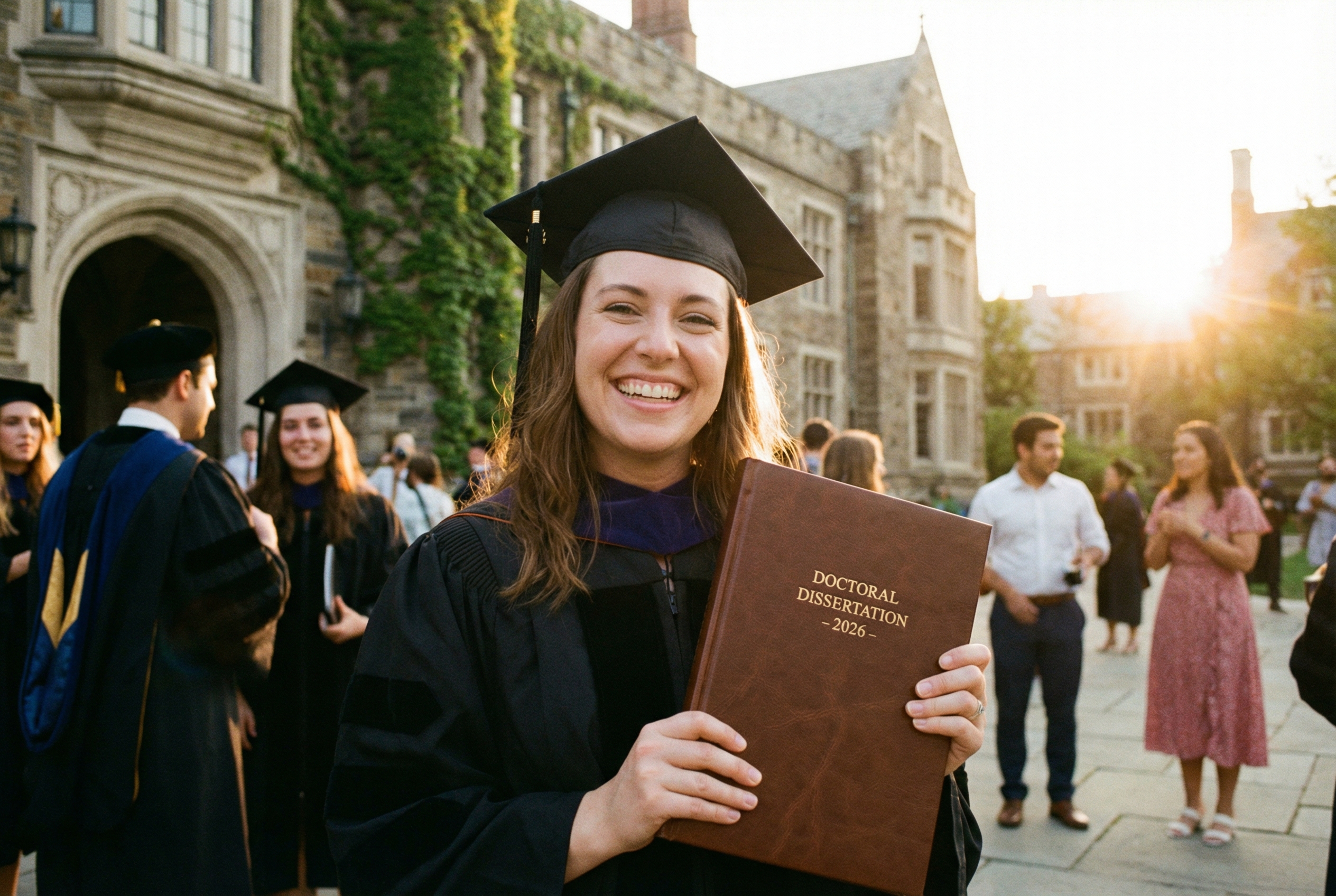 A realistic image of a graduate student in a black gown and cap holding a leather-bound dissertation, smiling in front of a university building at sunset, high quality, inspiring vibe.