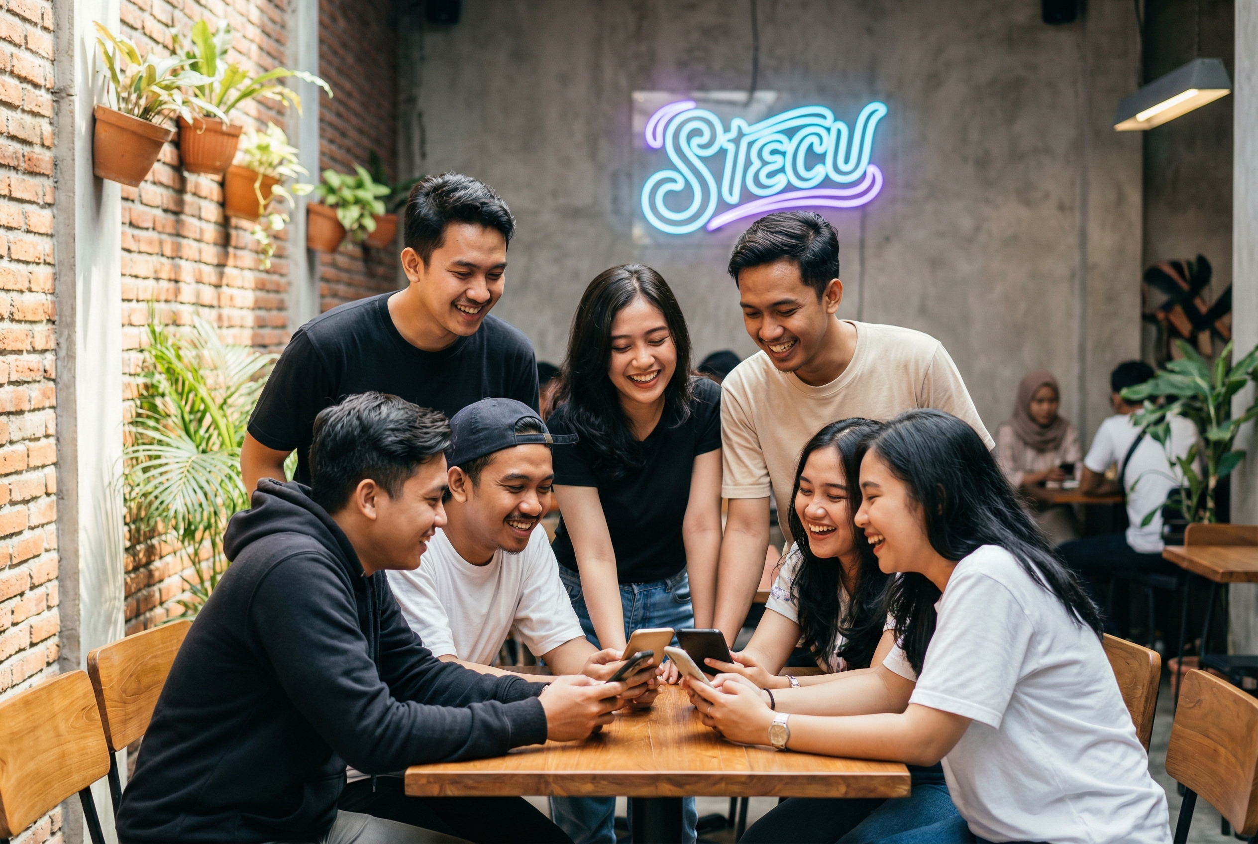 A realistic photo of a diverse group of Indonesian Gen Z teenagers in a modern urban cafe setting, looking at their smartphones and laughing, with a neon sign in the background that subtly says 'STECU' in a stylish font.