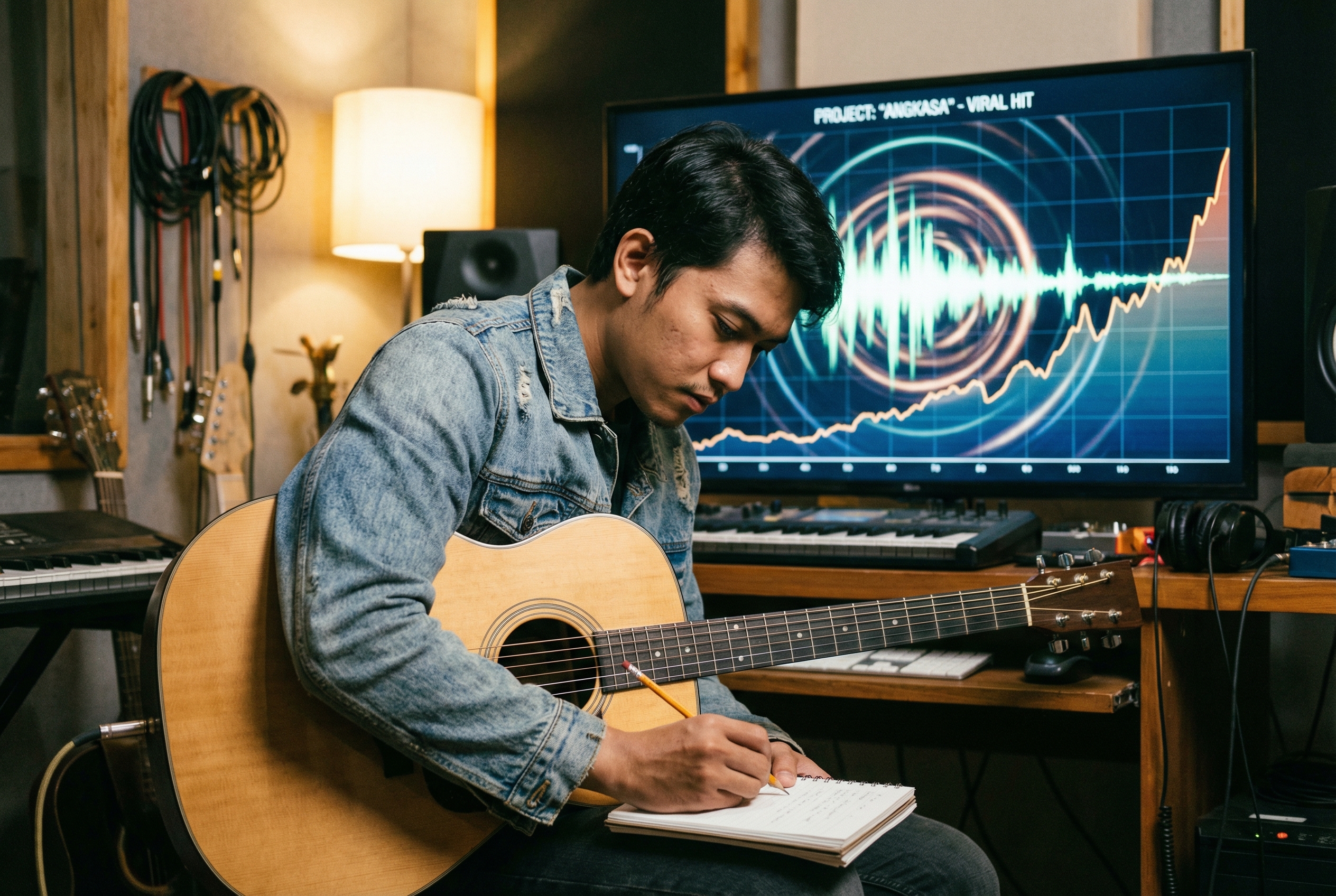 A realistic cinematic shot of a young Indonesian male musician with a guitar in a recording studio, focused on composing music, with digital audio waves appearing on a monitor behind him, symbolizing the birth of a viral hit.