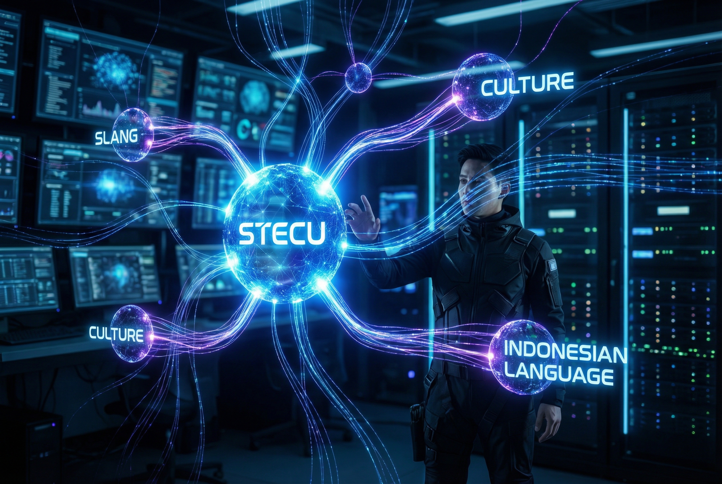 A futuristic visualization of an AI neural network interface, with glowing nodes and data streams. One central node highlights the word 'STECU' with multiple lines connecting it to words like 'Slang', 'Culture', 'Social Media', and 'Indonesian Language'.