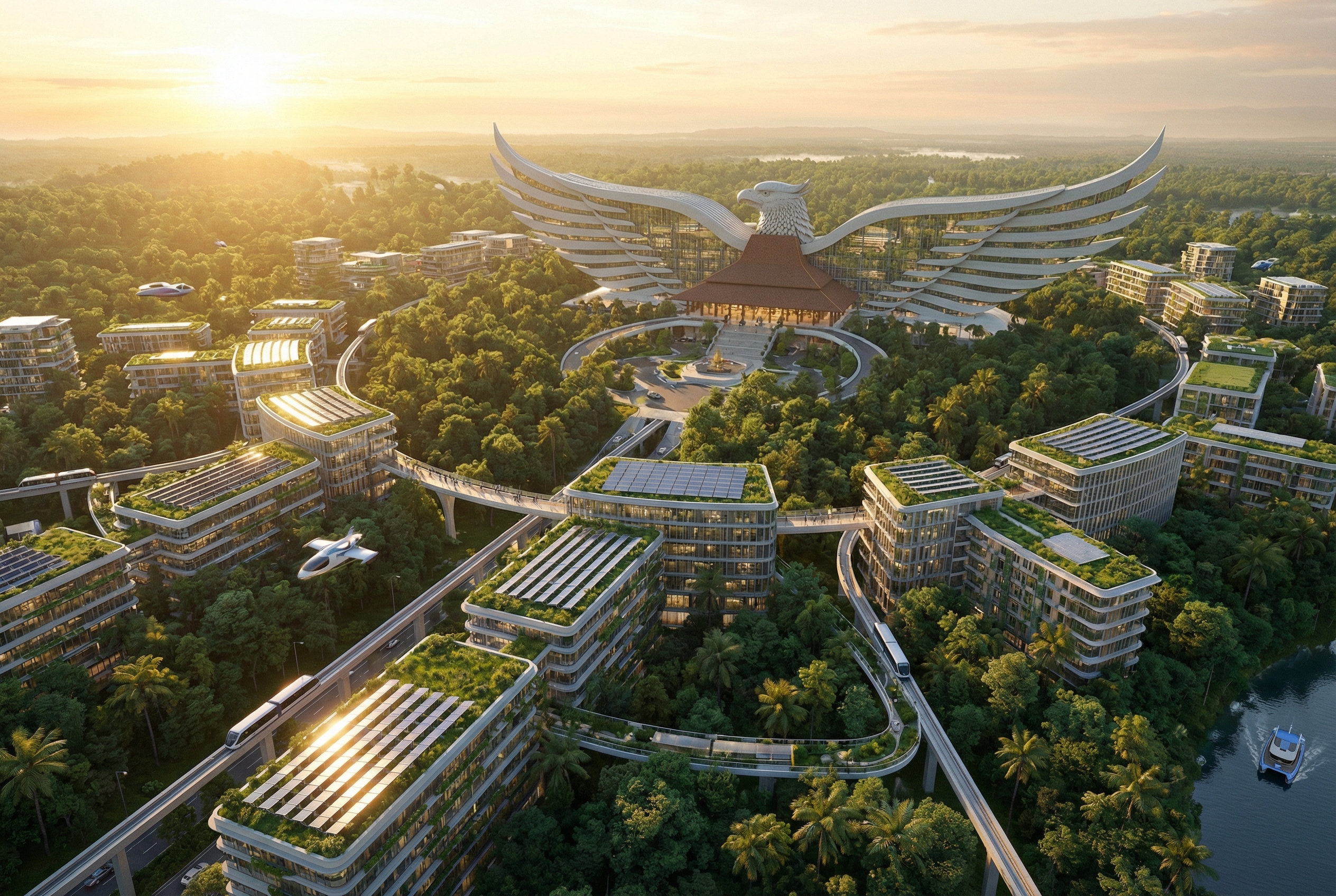 A futuristic 3D aerial view of Ibu Kota Nusantara (IKN) showcasing a blend of lush tropical forests and modern smart buildings with solar panels, focusing on the iconic Garuda Palace architecture, golden hour lighting