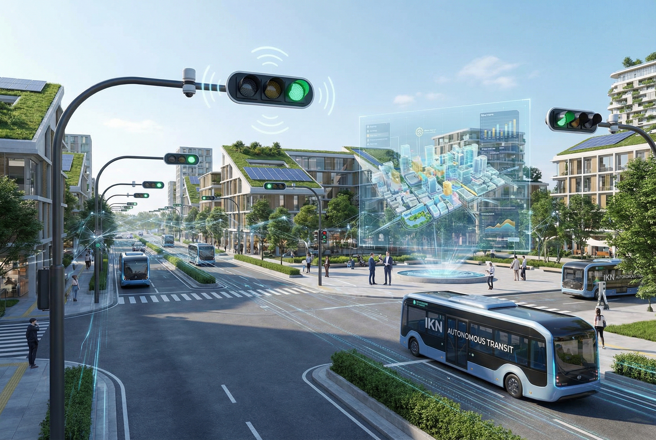 A visual showing AI technology integrated into a city environment, smart traffic lights with sensors, electric autonomous buses roaming the streets of IKN, and a digital holographic map of the city used by urban planners