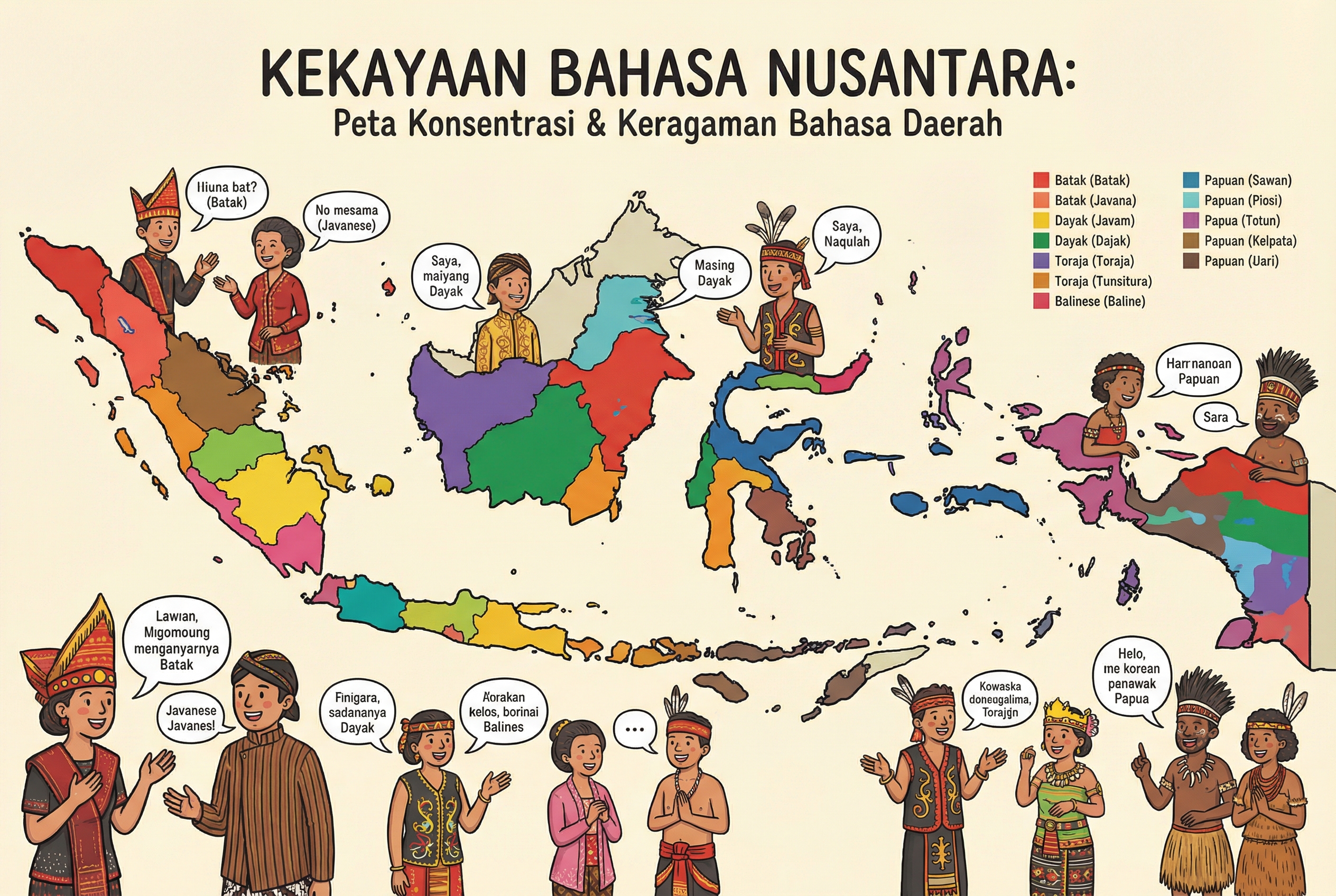 Peta infografis Indonesia yang berwarna-warni, di mana setiap warna mewakili konsentrasi bahasa daerah yang berbeda, dengan ilustrasi orang-orang berpakaian adat sedang berbicara satu sama lain di berbagai pulau.