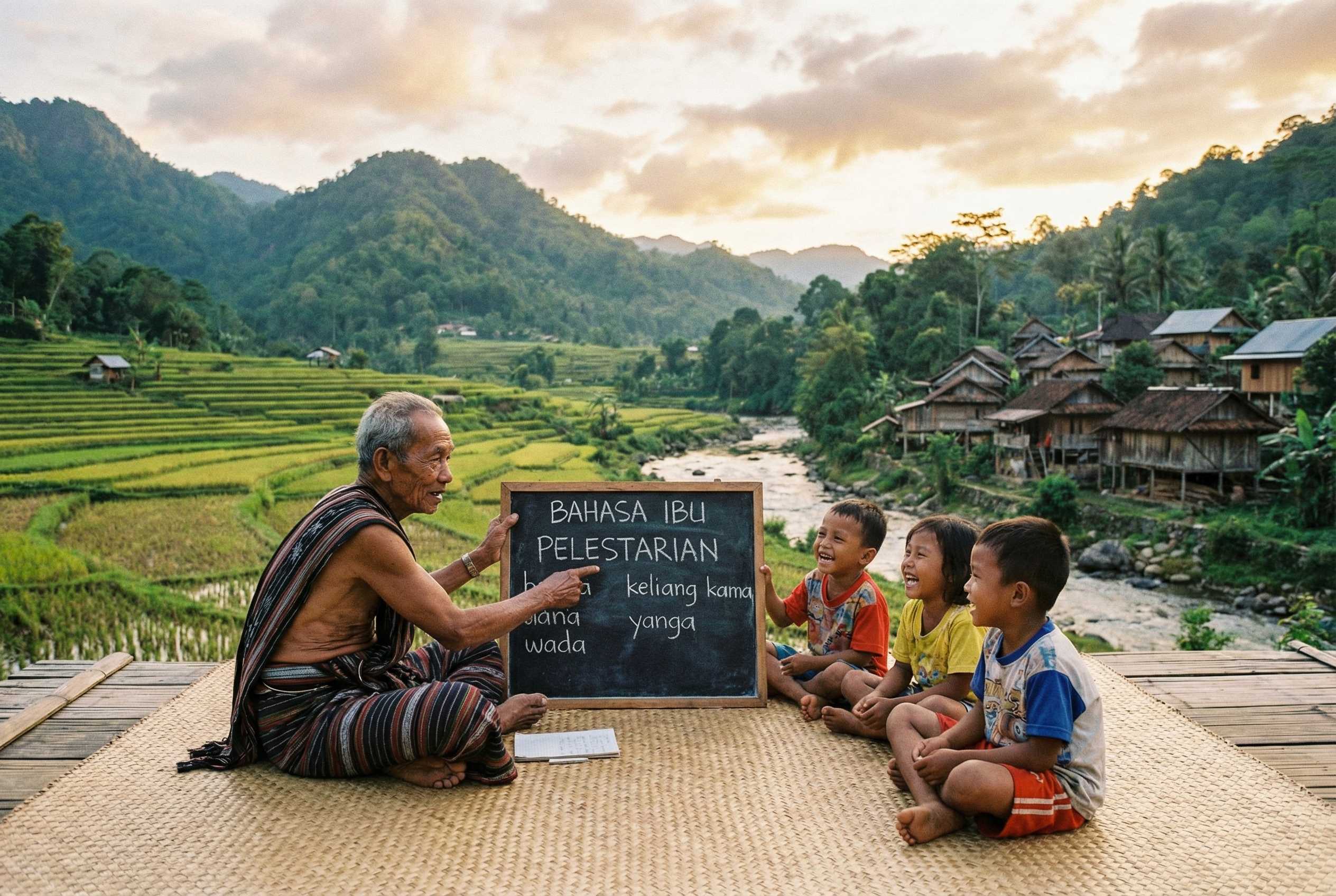 Seorang tetua di desa terpencil sedang mengajar anak-anak kecil berbicara dalam bahasa daerah yang langka, dengan latar belakang pemandangan alam Indonesia yang asri, melambangkan upaya pelestarian bahasa ibu.