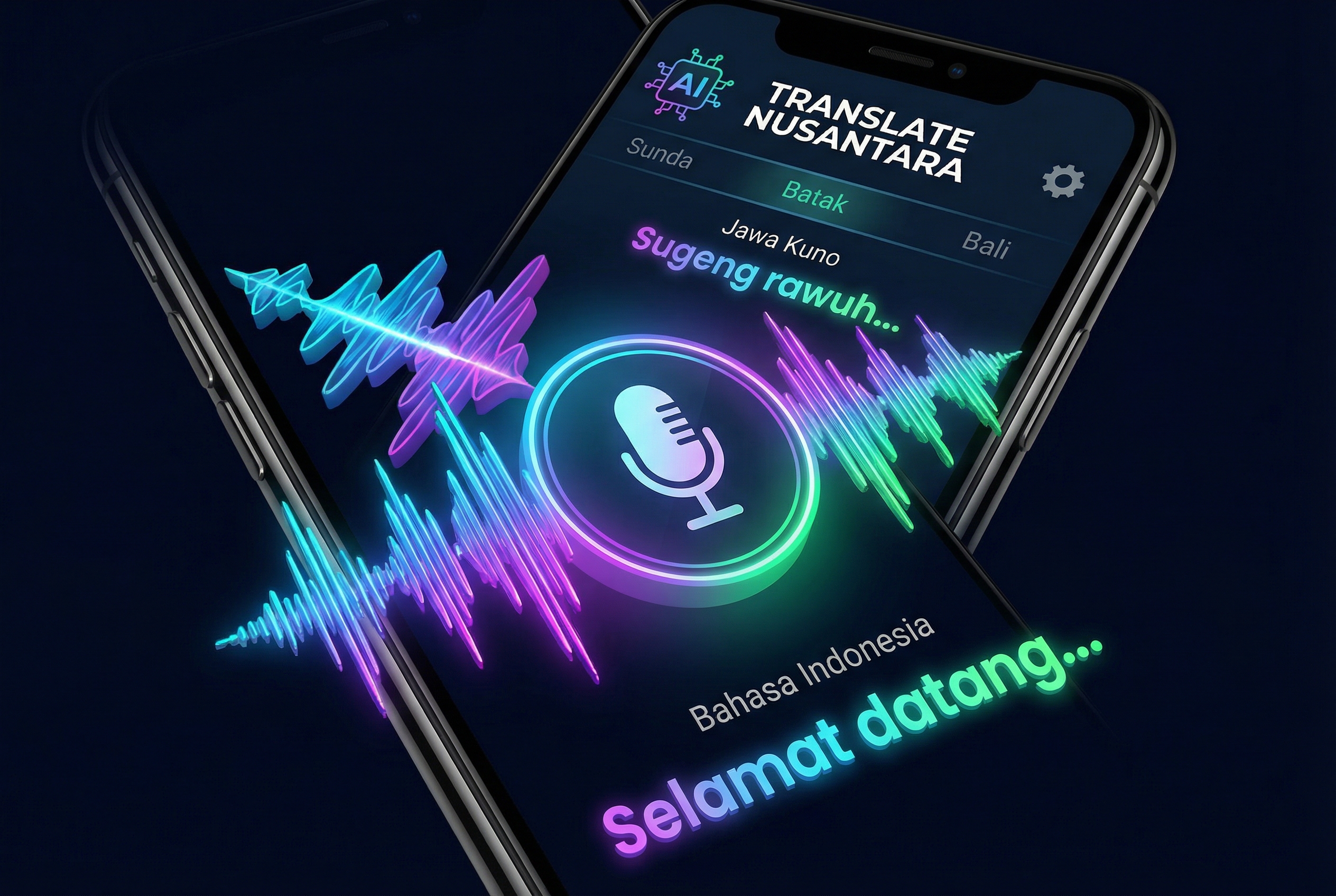Sebuah antarmuka aplikasi smartphone modern yang menampilkan fitur penerjemah bahasa daerah Indonesia berbasis AI, dengan visualisasi gelombang suara dan teks terjemahan yang dinamis.
