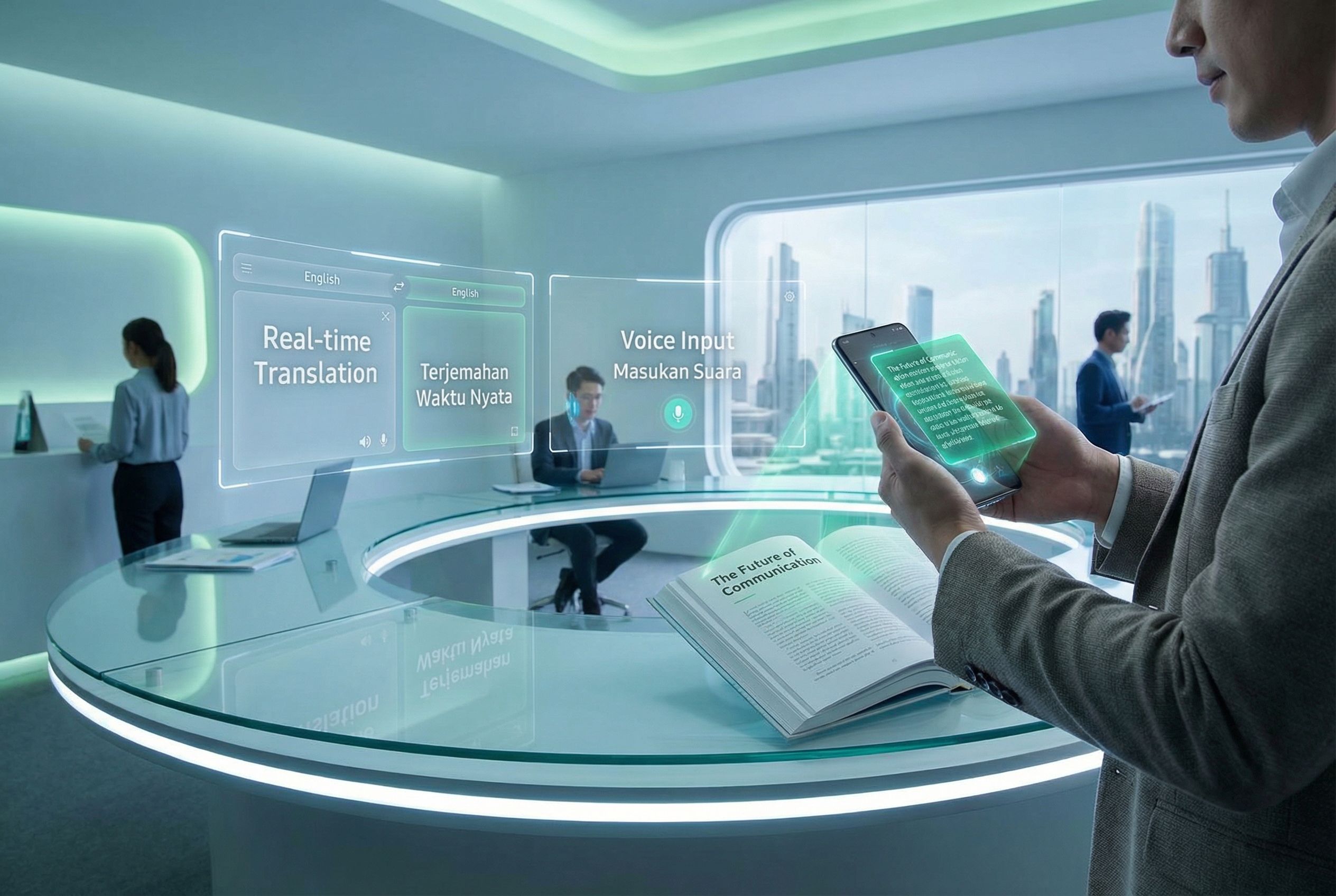 A futuristic high-tech workspace with multiple holograms showing translation interfaces between English and Indonesian, a person using a smartphone with an augmented reality translation overlay on a book, professional and clean aesthetic, 8k resolution.