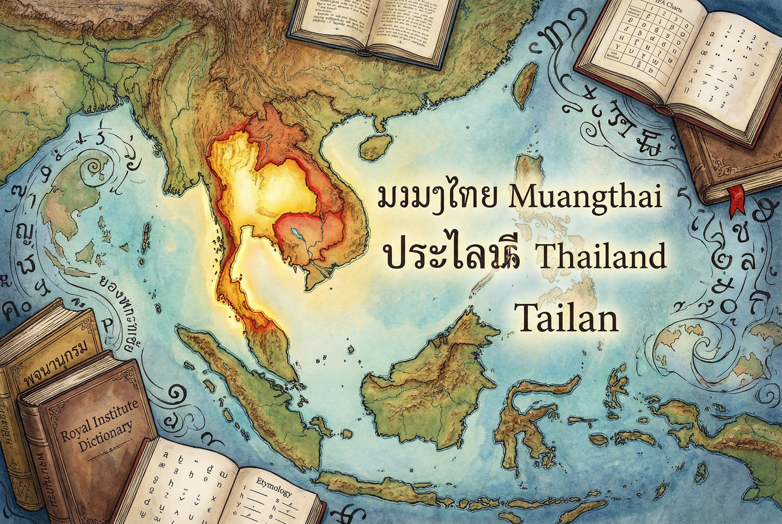 Sebuah ilustrasi peta Asia Tenggara yang menonjolkan wilayah Thailand dengan transisi teks dari huruf kuno Muangthai ke Thailand dan kemudian menjadi Tailan, dikelilingi oleh elemen-elemen linguistik seperti kamus dan simbol fonetik.
