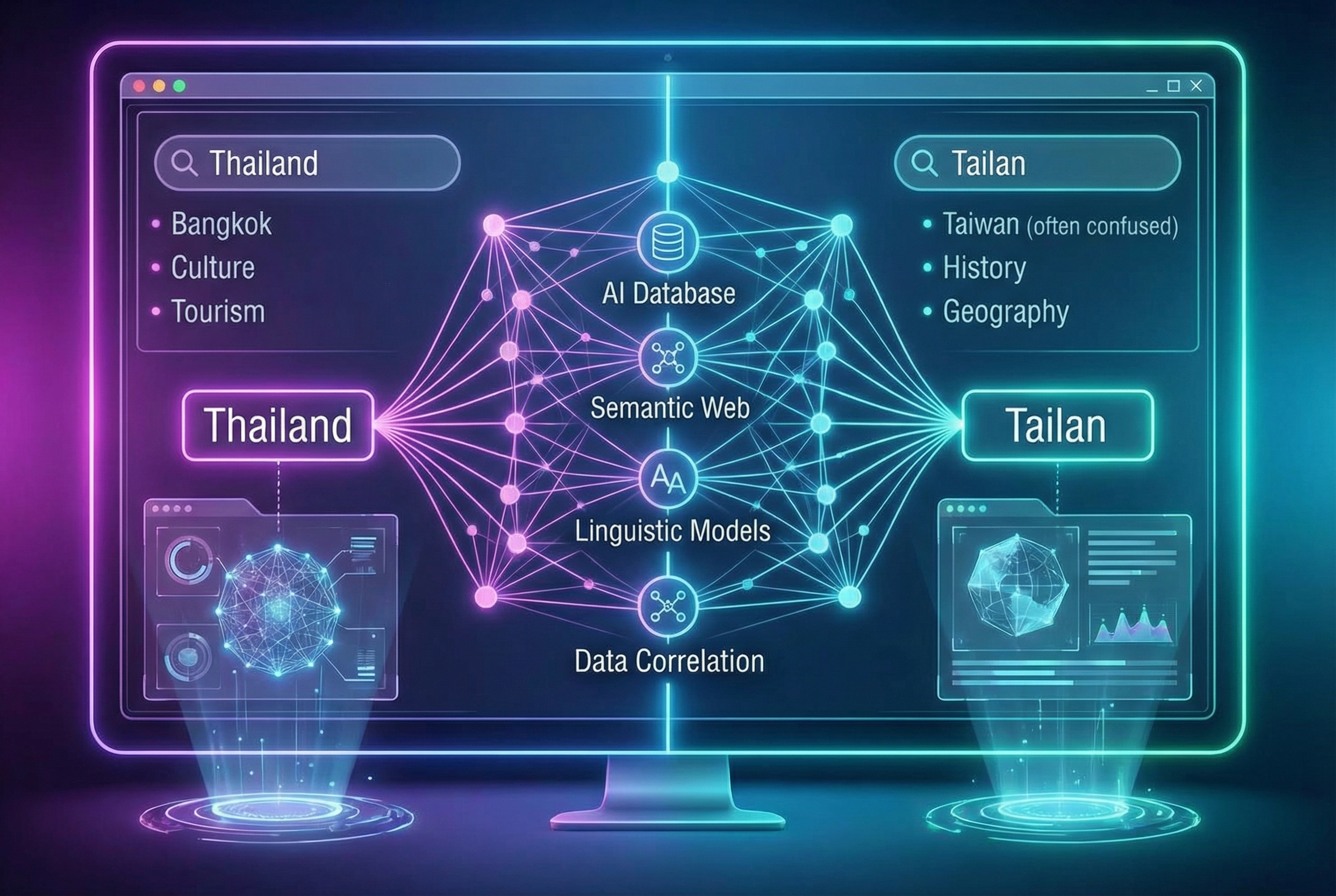 Infografis digital yang modern menunjukkan layar komputer dengan mesin pencari, menampilkan hasil pencarian untuk Thailand dan Tailan secara bersamaan, dengan grafik yang menunjukkan keterkaitan antara kedua kata tersebut dalam database AI.