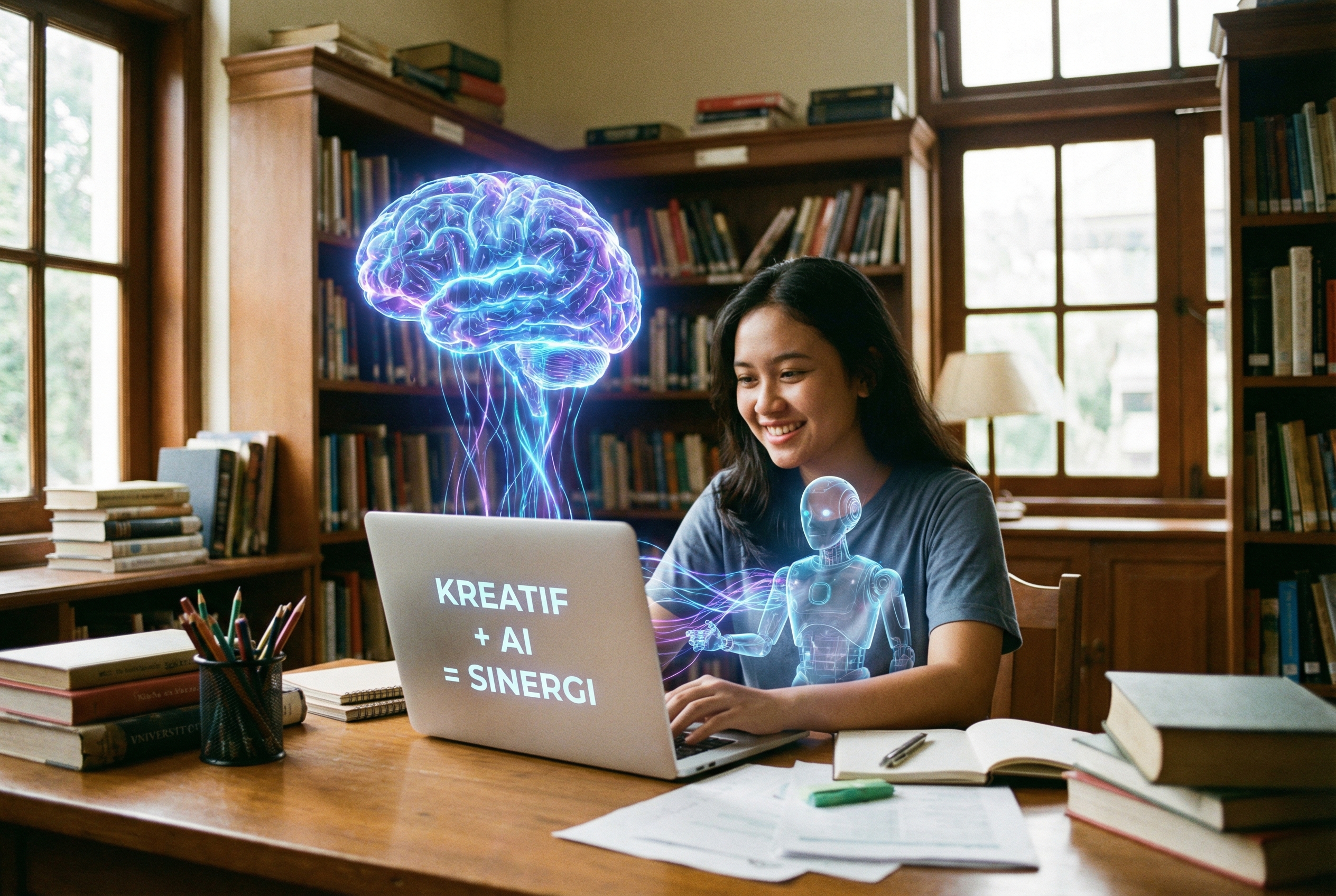 Seorang mahasiswa sedang duduk di meja kerja dengan laptop, di atasnya terdapat hologram otak digital yang bersinar, melambangkan sinergi antara kreativitas manusia dan kecerdasan buatan dalam menulis.