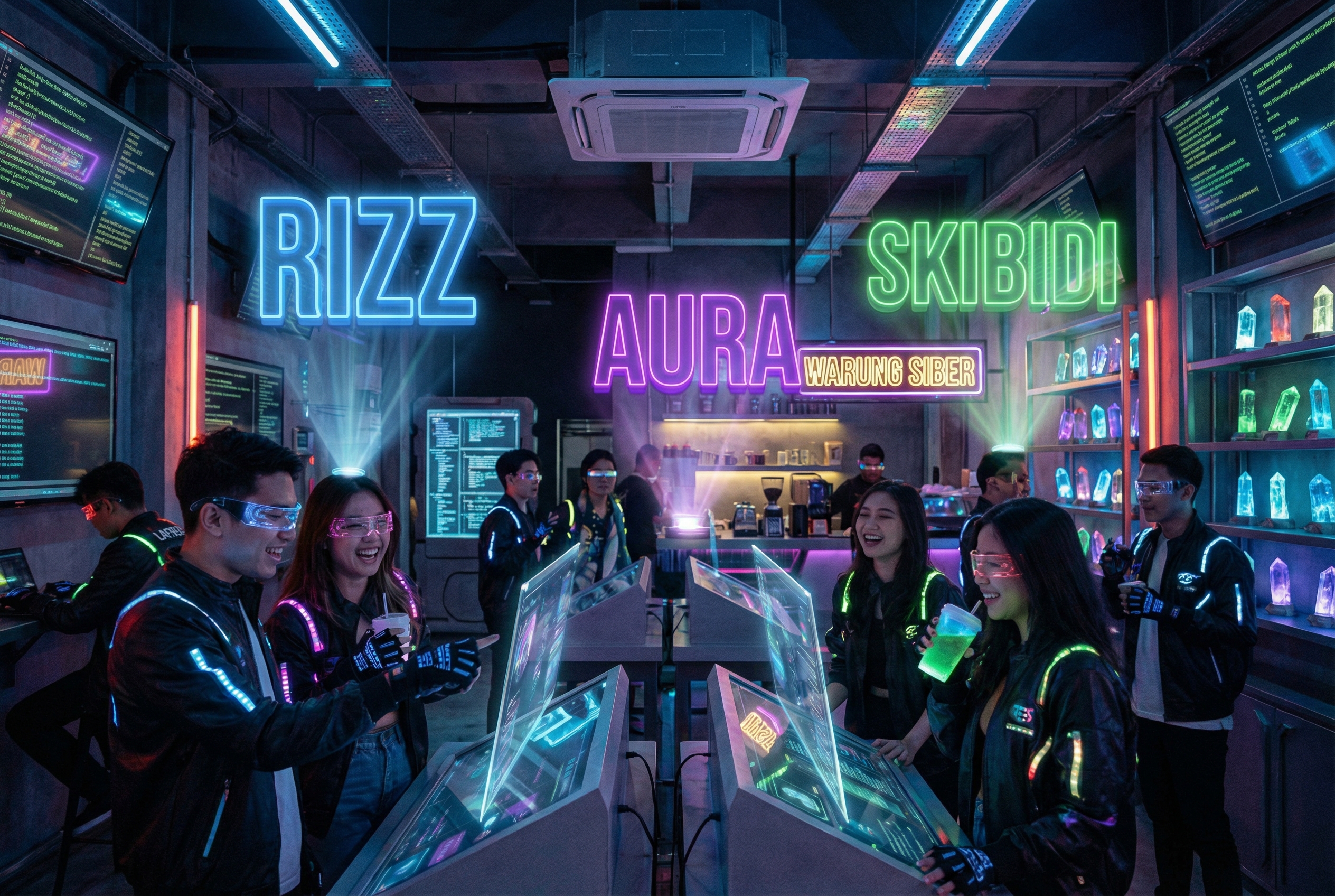 A futuristic digital library with neon-colored floating 3D Indonesian slang words like Rizz, Aura, and Skibidi. Young people in high-tech clothing are interacting with these words using holographic screens in a vibrant cyber-punk cafe atmosphere.