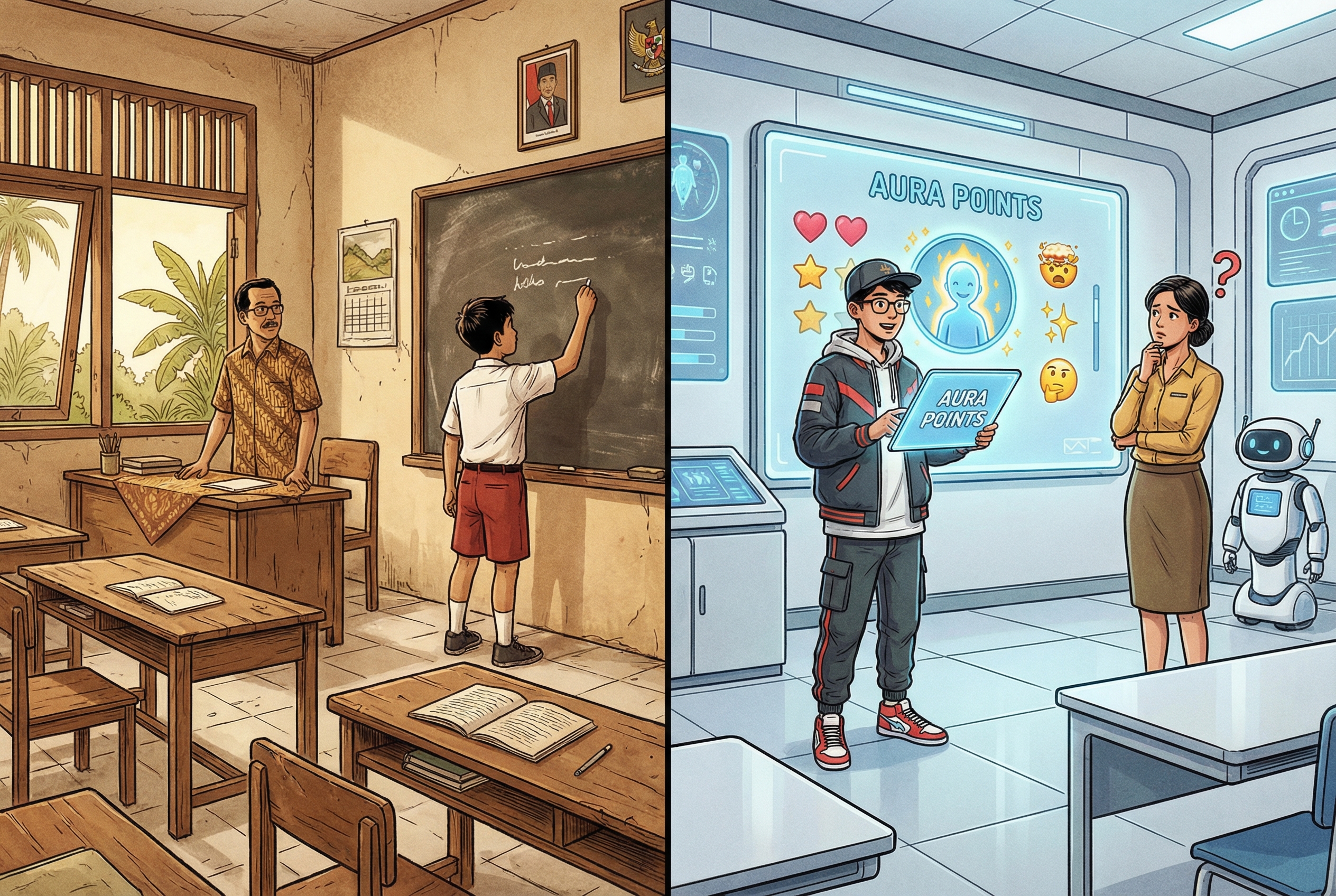 A split-screen illustration. On the left, a traditional Indonesian classroom where a student is using a chalkboard. On the right, a modern 2025 scene where a student is explaining the concept of 'Aura Points' to a confused teacher using a bright, interactive tablet display with gamified icons and emojis.