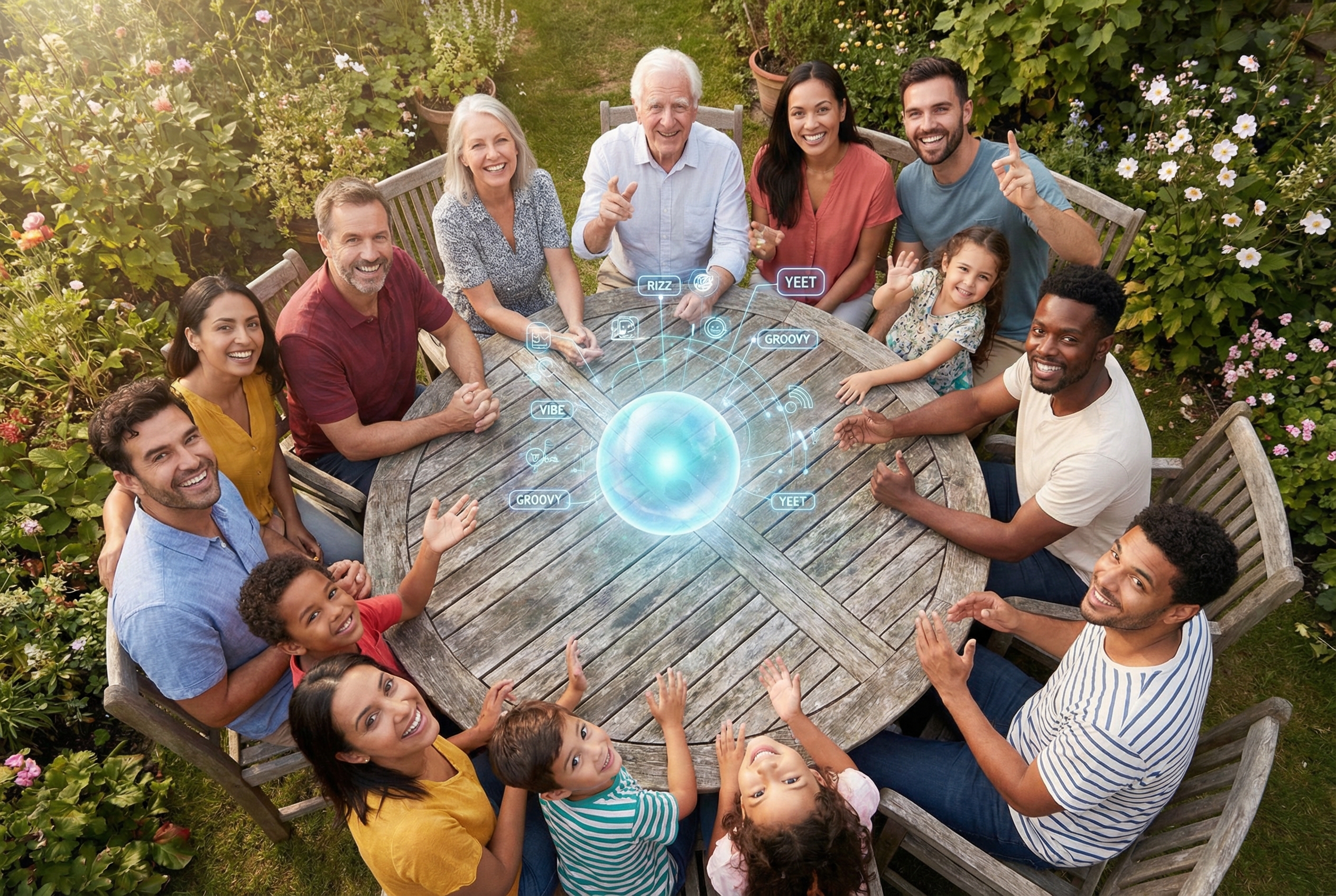 An overhead shot of a diverse group of people from different generations (Gen Alpha, Gen Z, Millennials, and Boomers) sitting around a large wooden table in a sunlit garden, all laughing and talking. A glowing digital sphere in the center of the table shows floating particles connecting them, symbolizing the bridge between traditional and modern slang language.