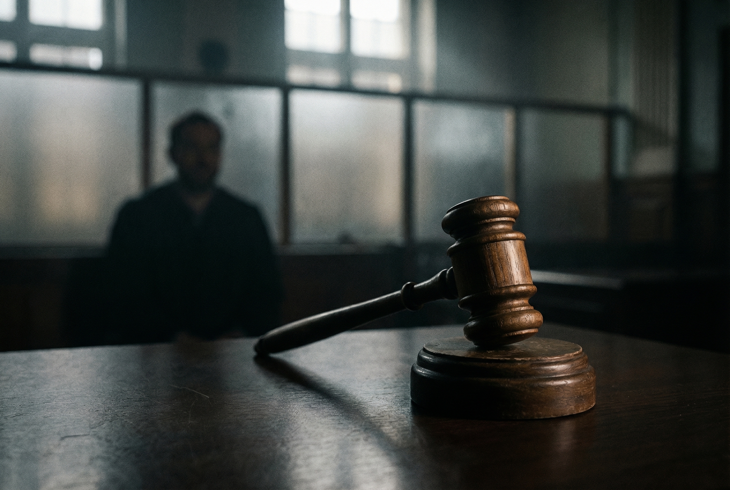 A dramatic courtroom scene in a cinematic style, focusing on a judge's gavel and a blurry silhouette of a person in the background, symbolizing the unseen mental intent behind a crime.