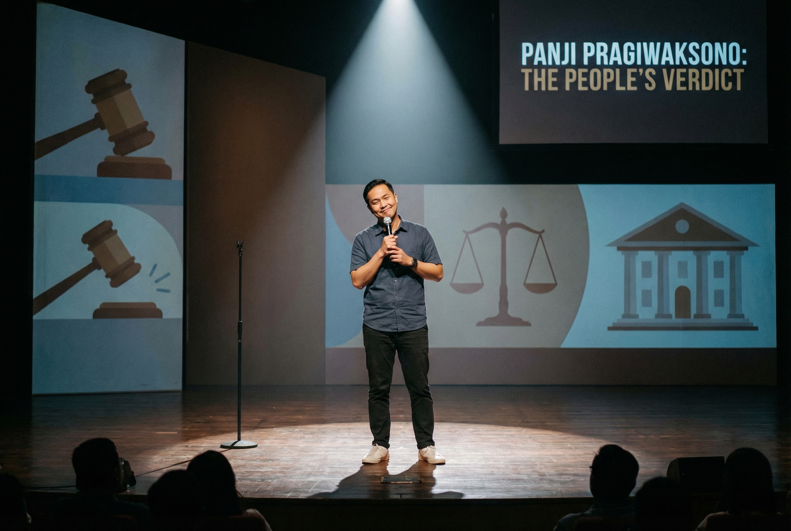 A professional stage setup for a stand-up comedy special, featuring Panji Pragiwaksono holding a microphone under a single spotlight, looking thoughtful yet humorous, with a minimalist background reflecting the theme of law and justice.