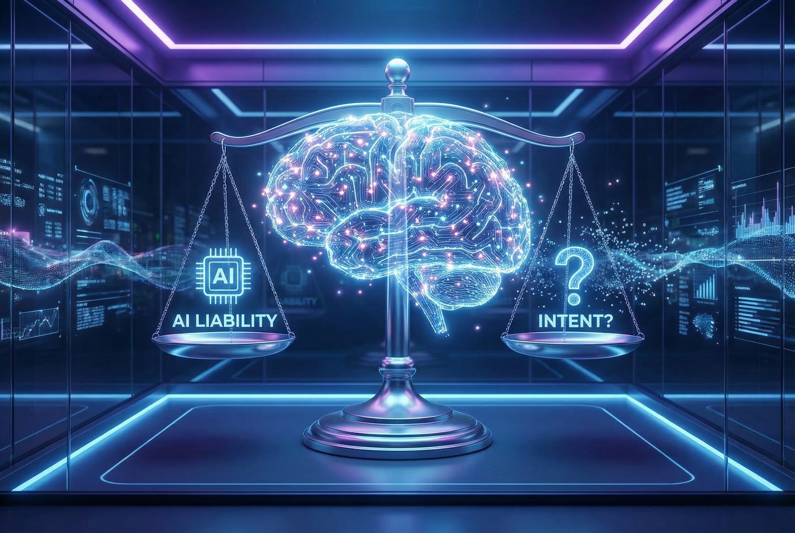A futuristic visualization of a digital brain intertwined with a set of legal scales, representing the complex debate over AI liability and the concept of intent in the age of technology.