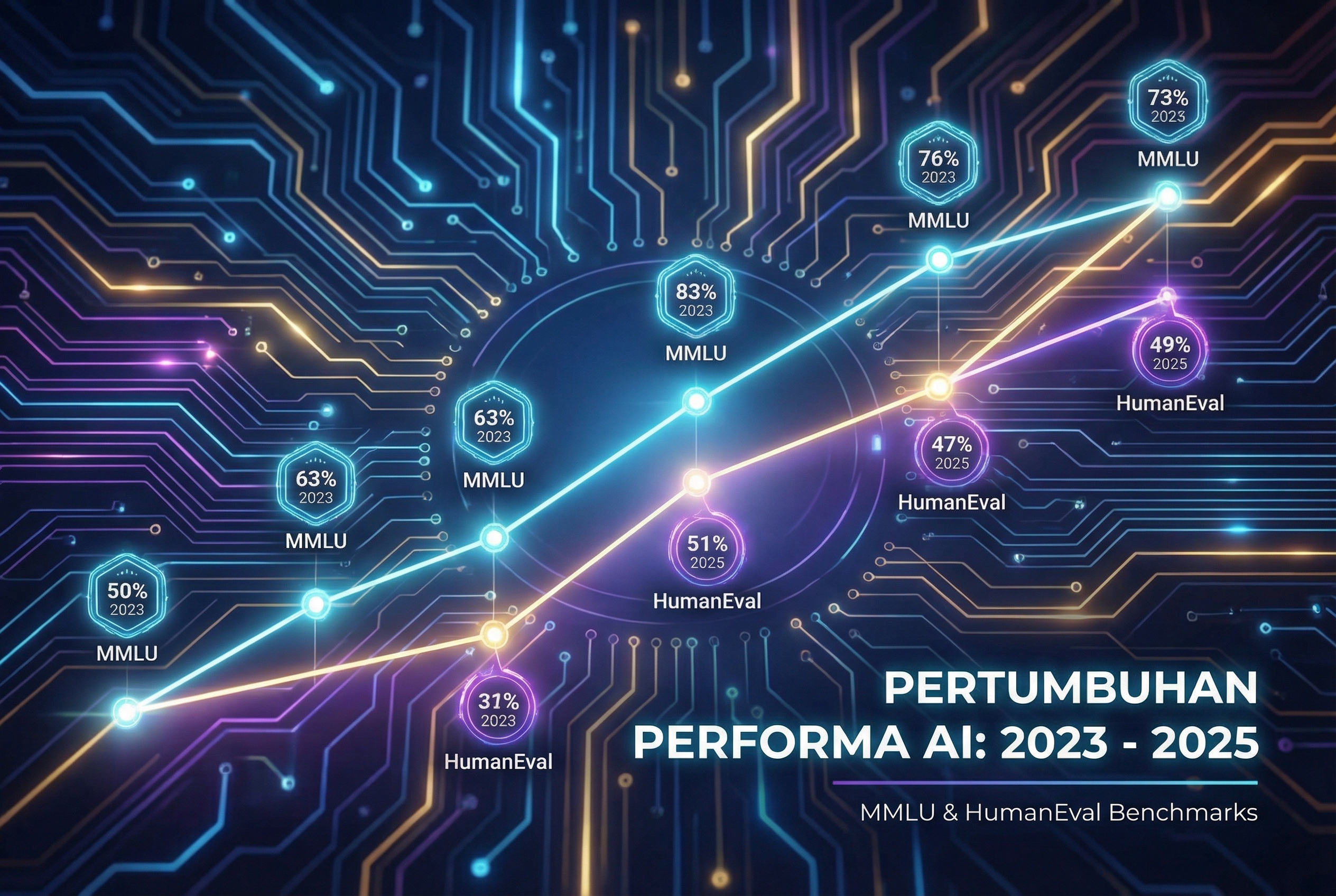 Visualisasi data modern yang menampilkan grafik pertumbuhan performa AI dari tahun 2023 ke 2025, dengan garis-garis bercahaya yang menghubungkan berbagai titik benchmark seperti MMLU dan HumanEval di atas latar belakang sirkuit digital yang elegan.