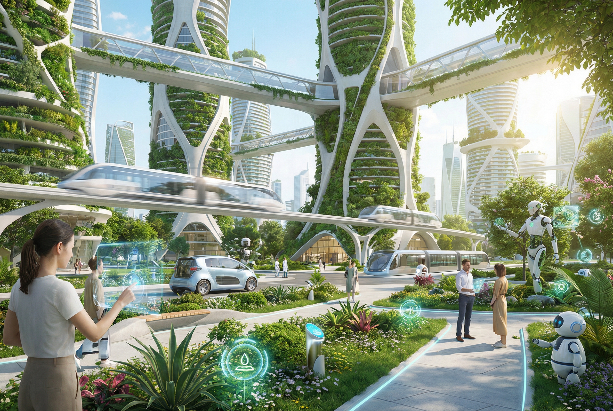 Sebuah pemandangan kota futuristik yang harmonis di mana teknologi AI terintegrasi secara halus dalam kehidupan sehari-hari, dari transportasi pintar hingga taman kota dengan sensor lingkungan, menciptakan atmosfer yang cerah dan penuh harapan.